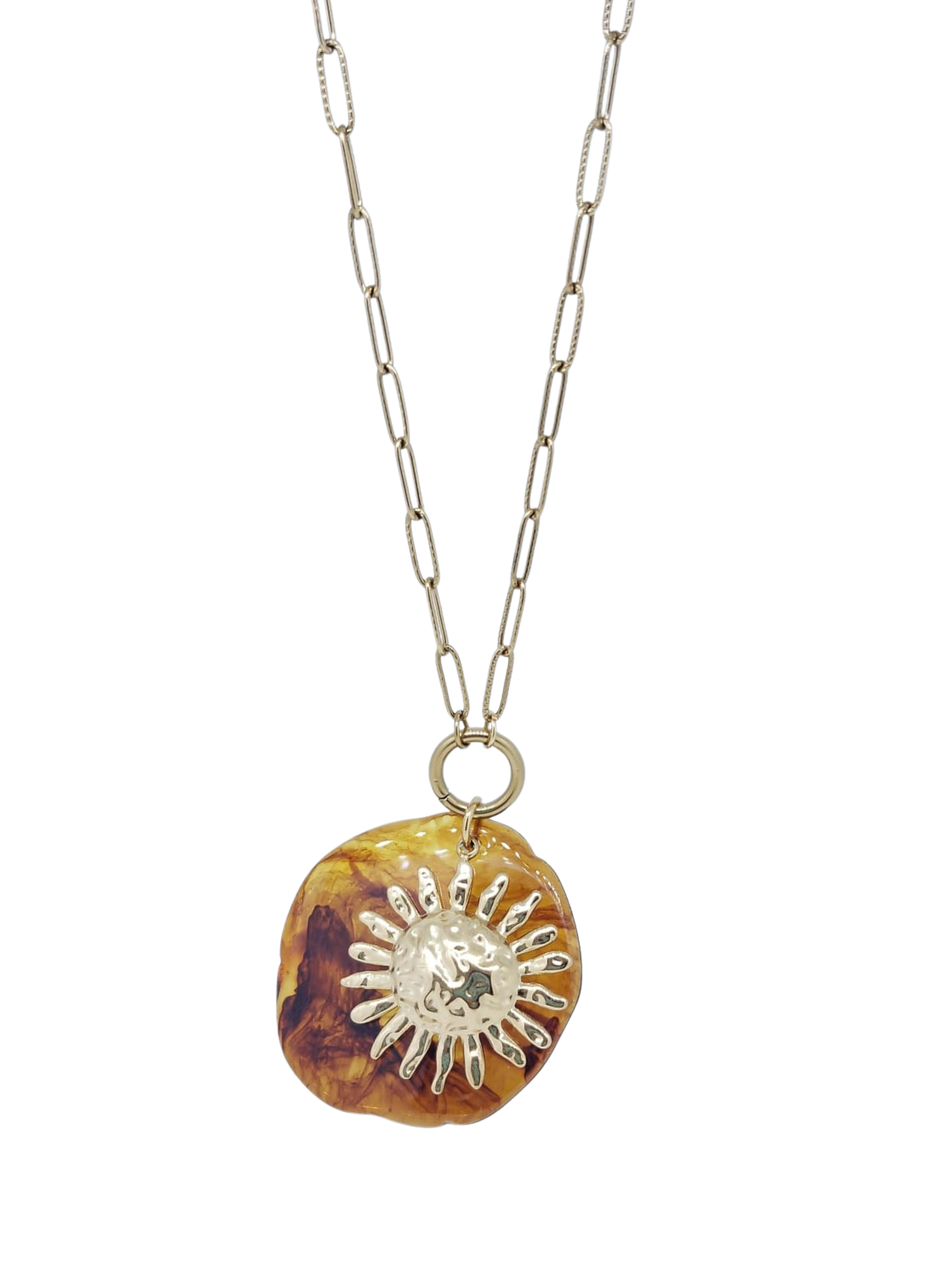 Collar Dorado con Eslabones Largos, Piedra Café y Dije de Sol Elegante - Acero Inoxidable