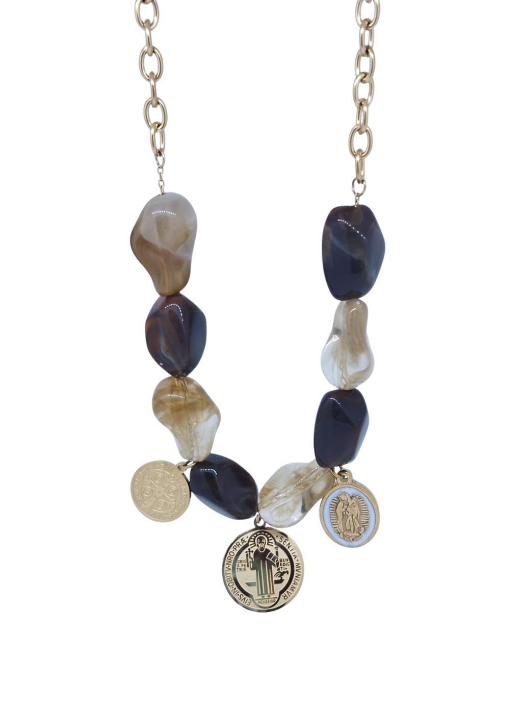 Collar Dorado con Piedras Café y Medalla de San Benito Protectora - Acero Inoxidable