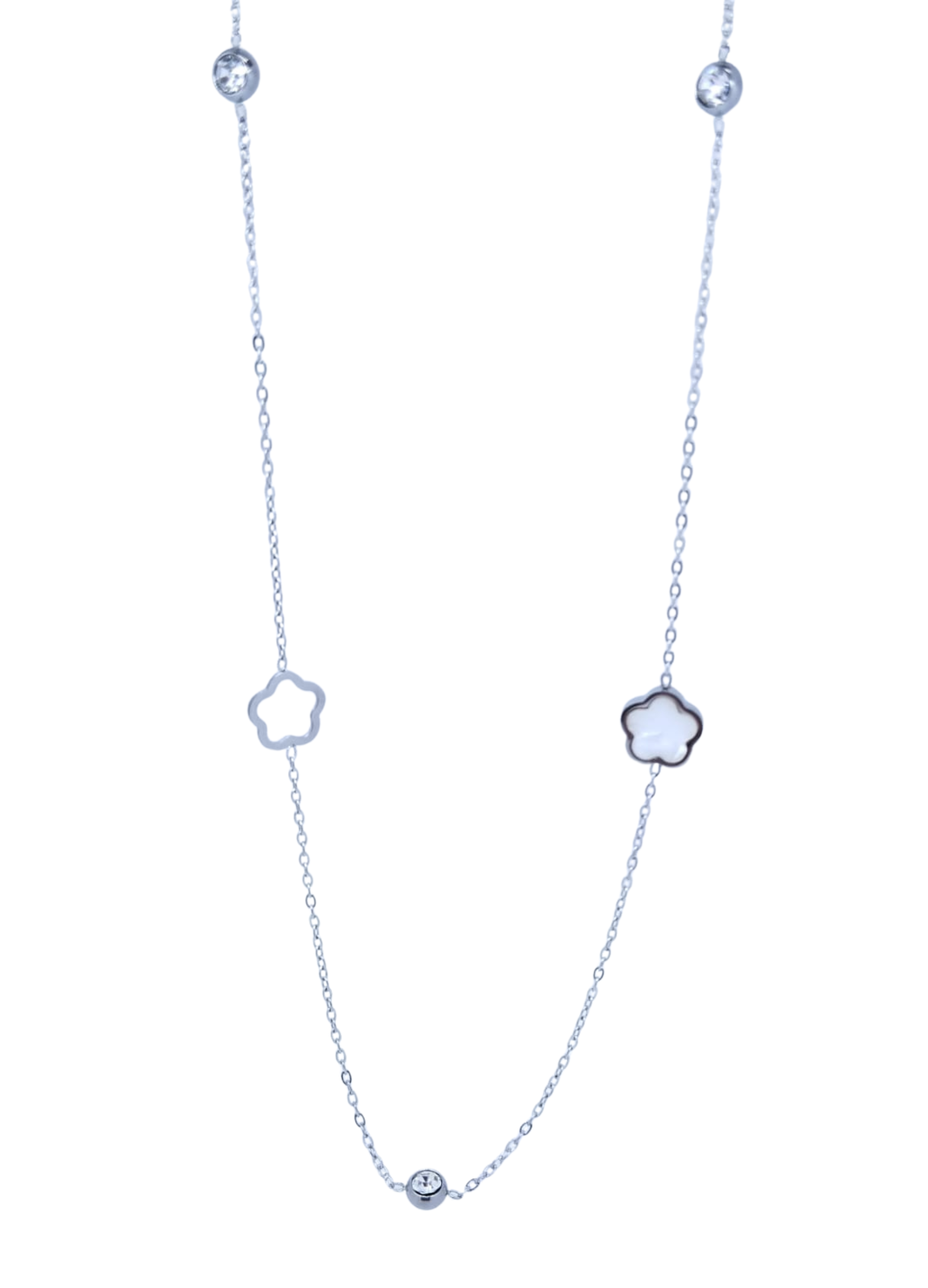 Collar Plateado con Dijes de Flor Blanca de Cinco Pétalos con Brillos - Acero Inoxidable