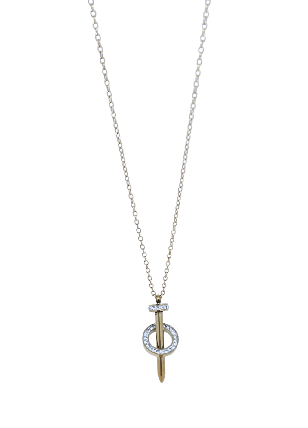 Collar Dorado con Dije de Clavo Central con Brillos Glam - Acero Inoxidable