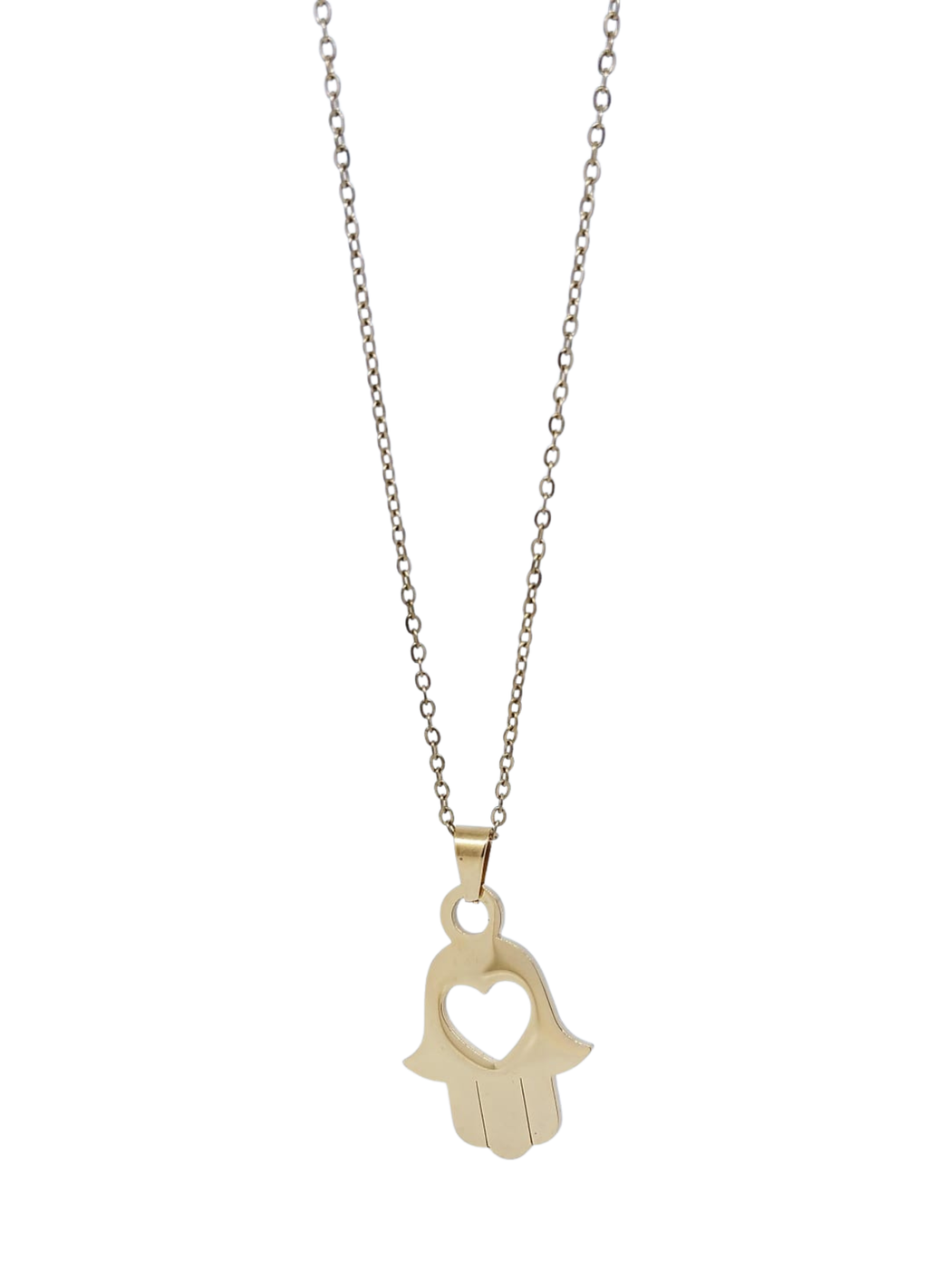 Collar Dorado con Dije de Mano de Fátima con Corazón Perforado - Acero Inoxidable