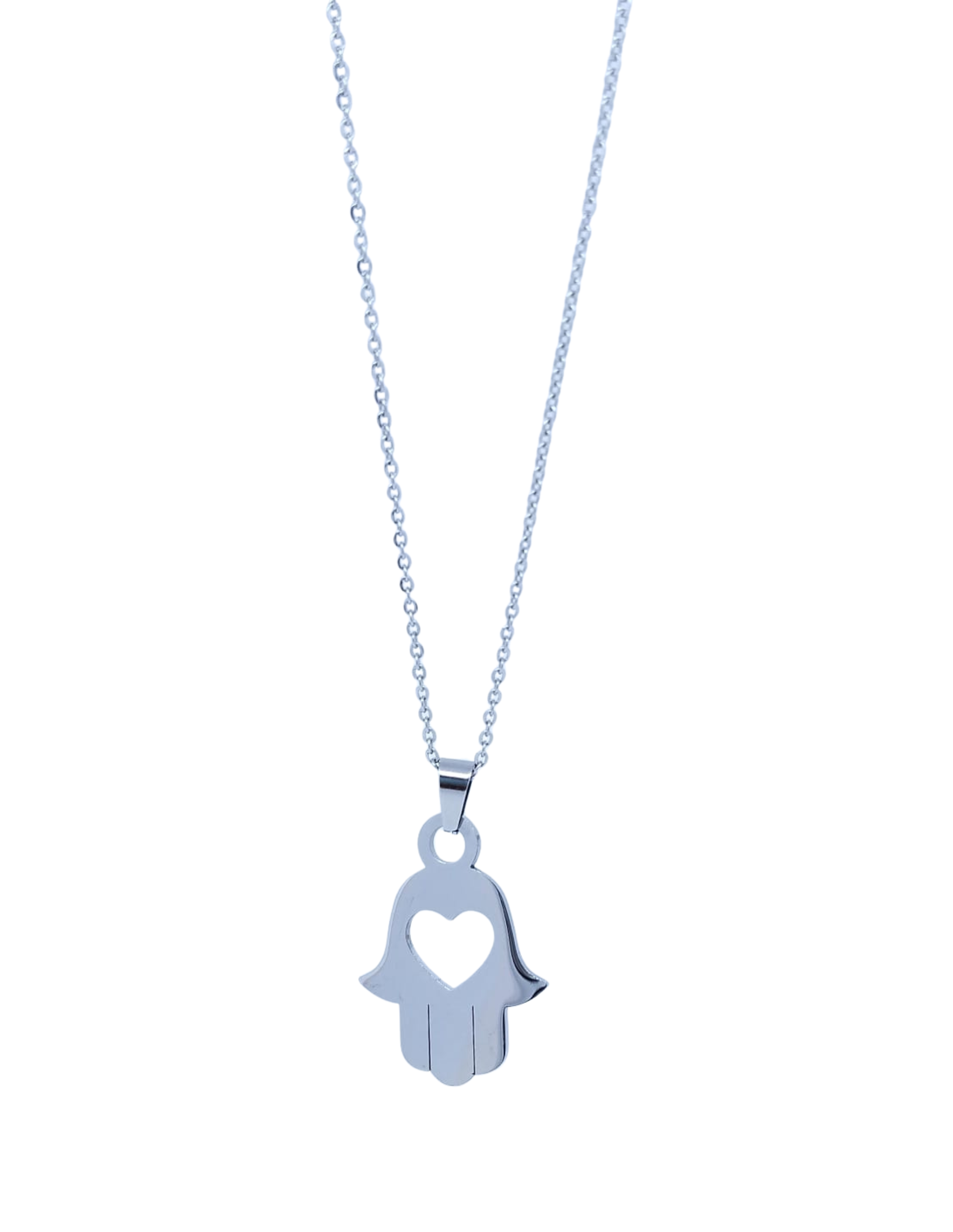 Collar Plateado Mano de Fátima con Perforación de Corazón al Centro - Acero Inoxidable