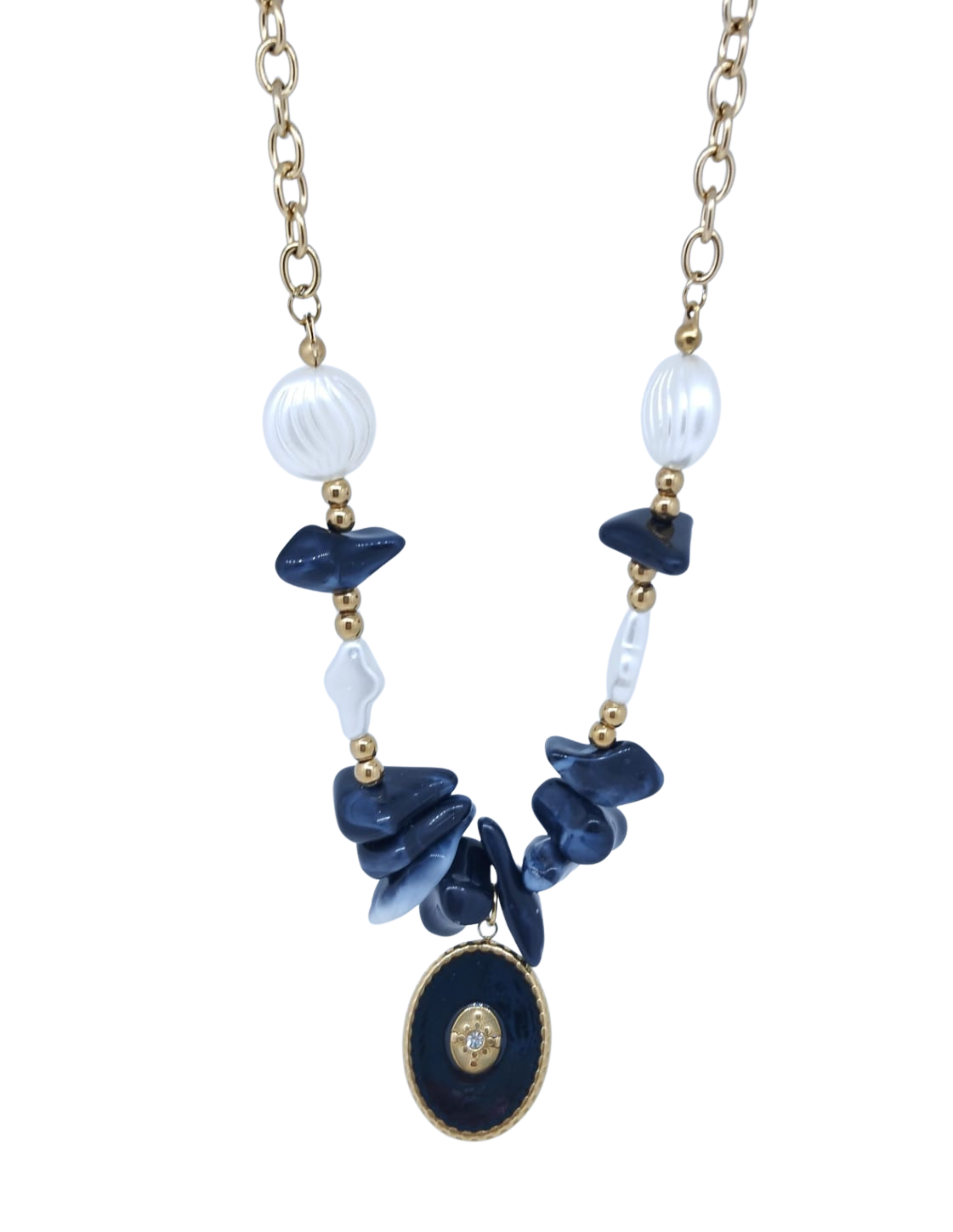 Collar Dorado Piedras Azules con Dije Ovalado Azul Marino - Acero Inoxidable