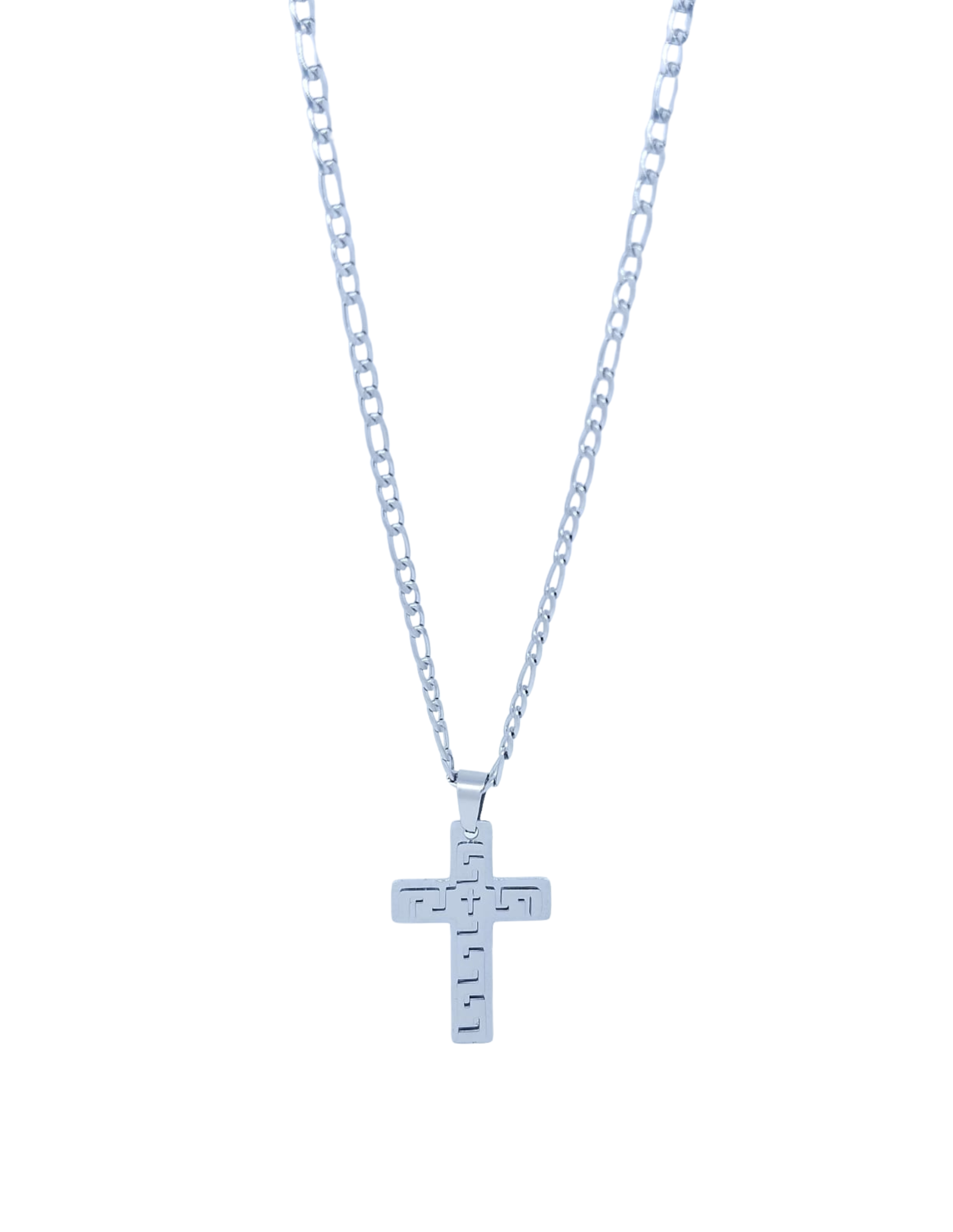 Collar Plateado Cruz con Grecas - Acero Inoxidable