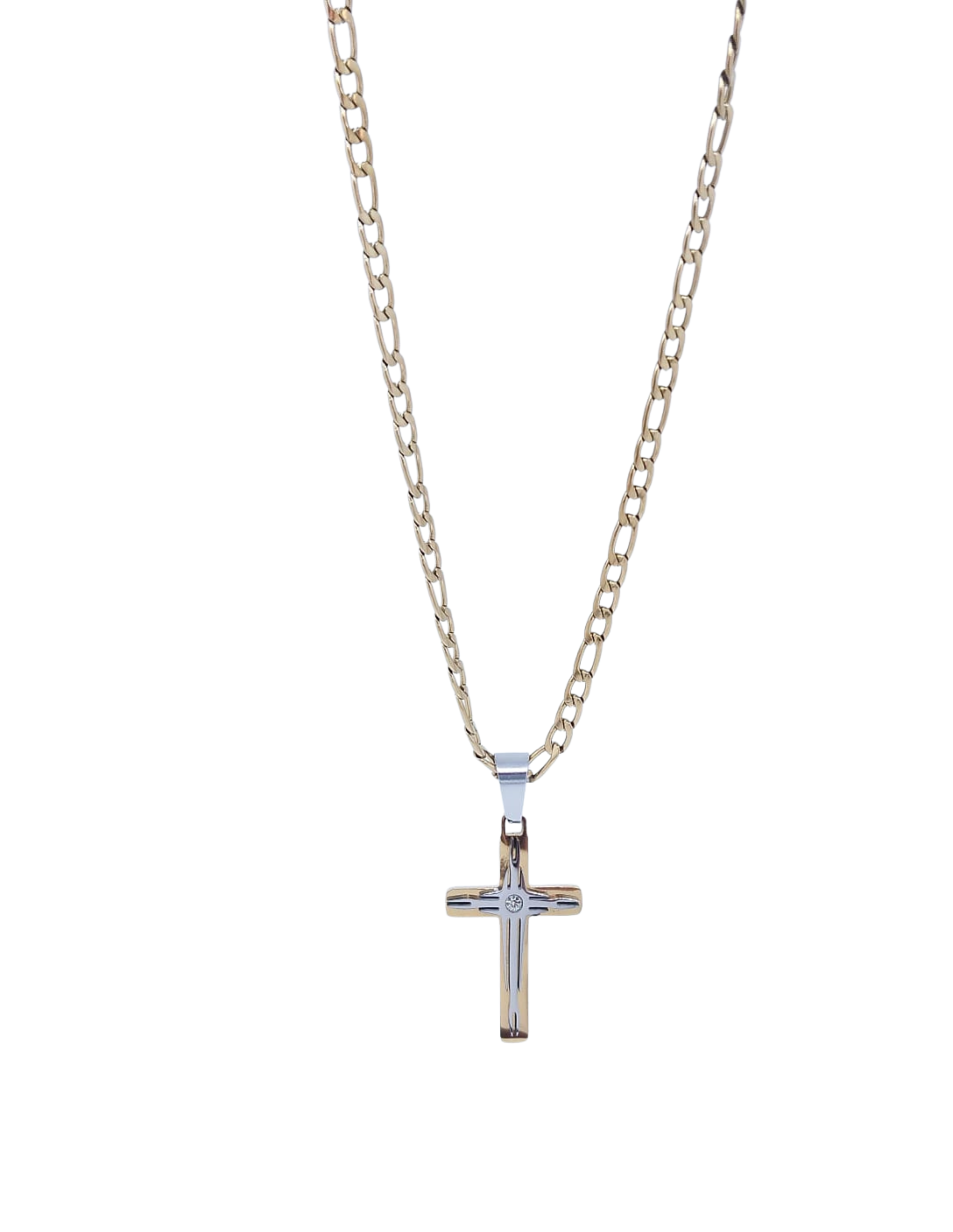 Collar Dorado Cruz Bicolor con Centro Plateado - Acero Inoxidable