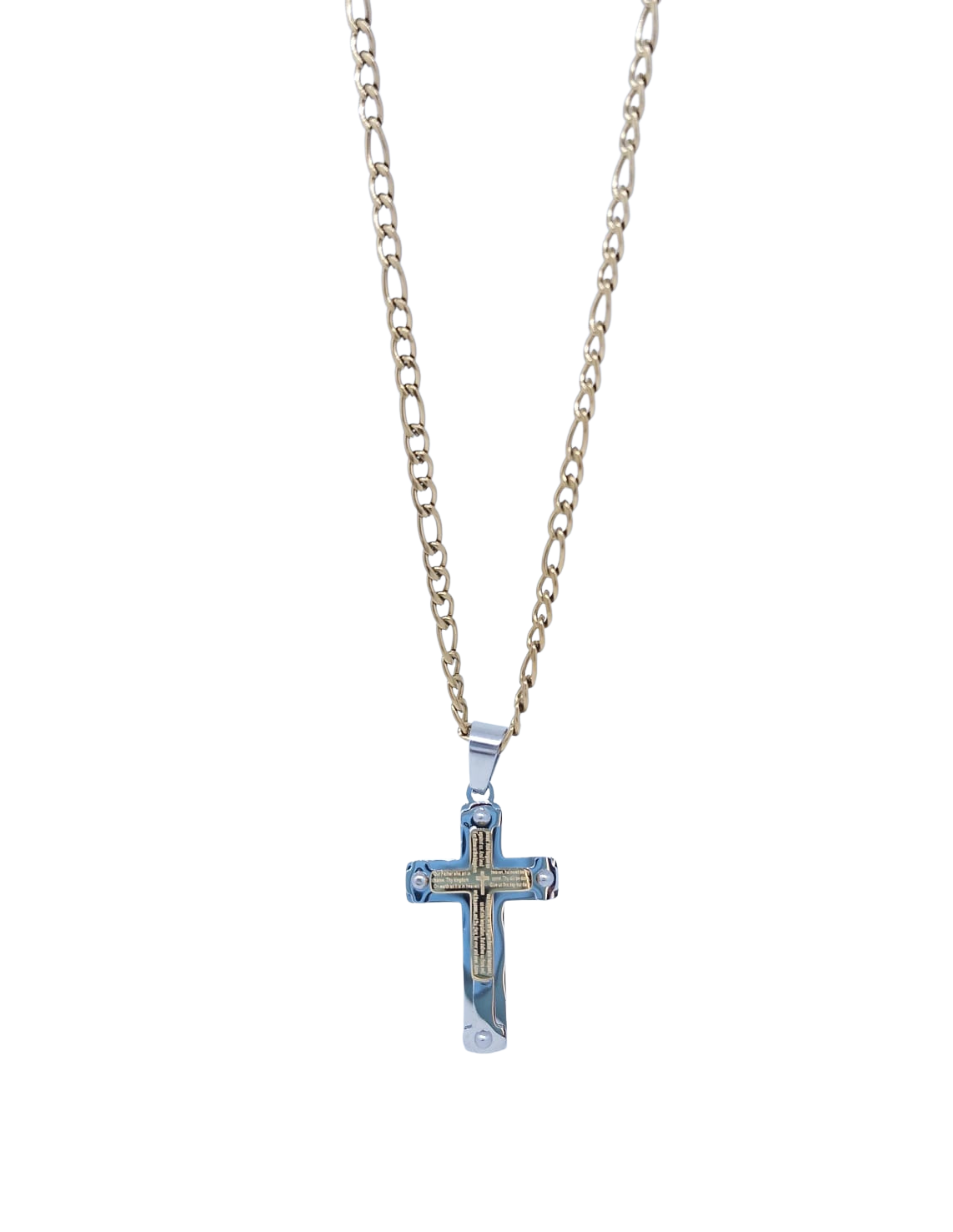 Collar Dorado Cruz Bicolor Externo Plateado y Centro Dorado con Oración - Acero Inoxidable