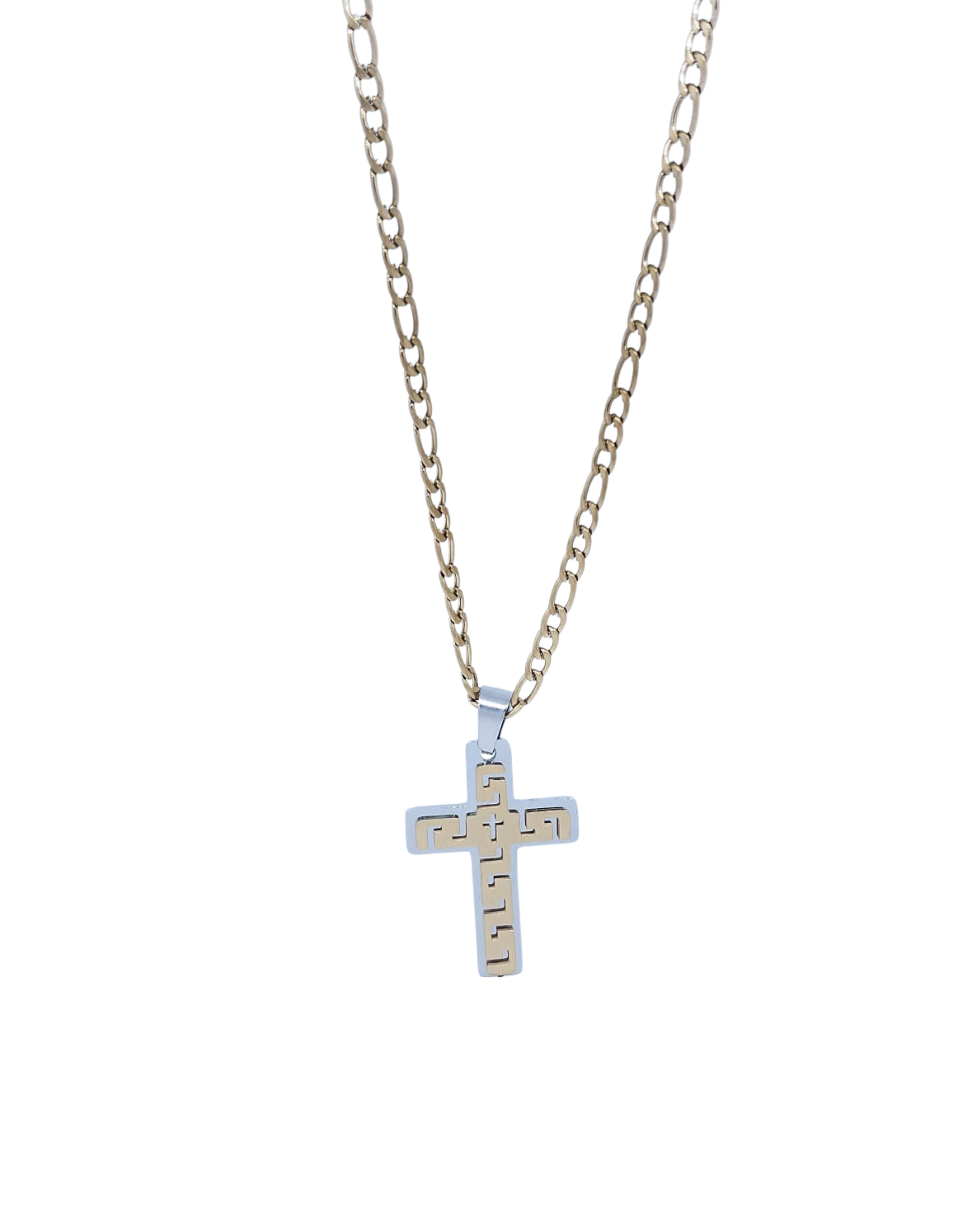Collar Dorado Cruz Bicolor con Grecas - Acero Inoxidable