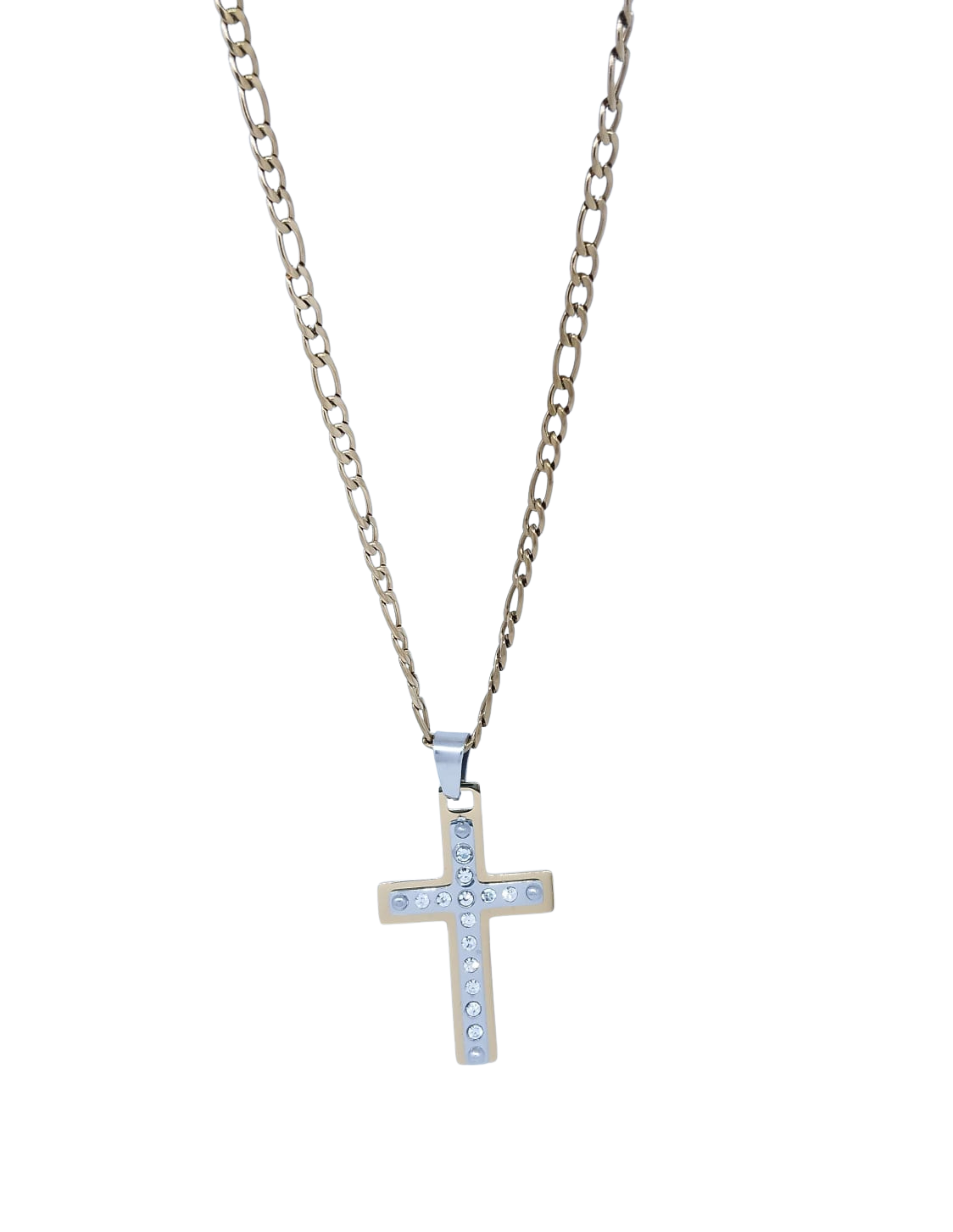 Collar Dorado Cruz Bicolor con Mini Brillos al Centro - Acero Inoxidable