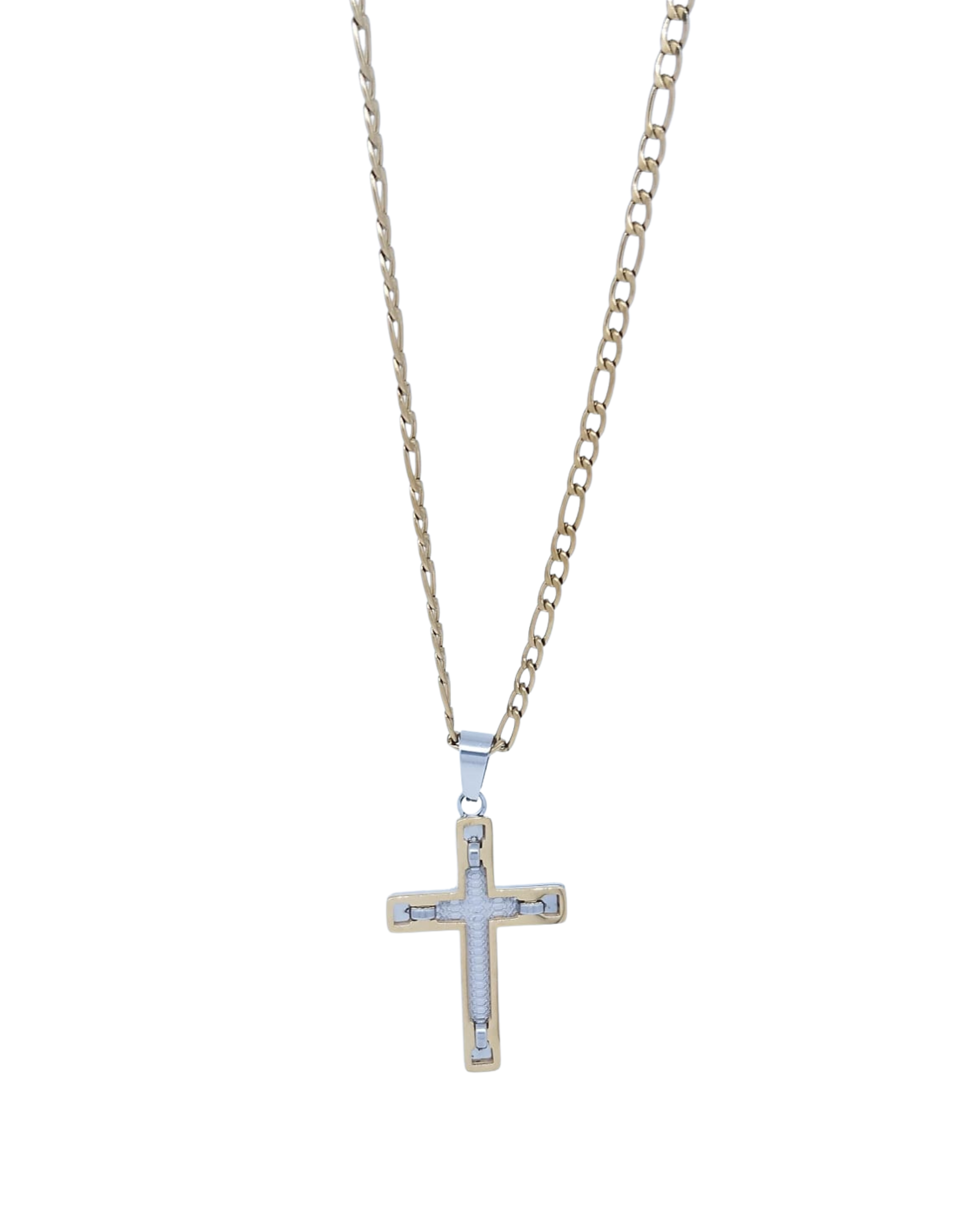 Collar Dorado con Cruz Doble Bicolor - Acero Inoxidable