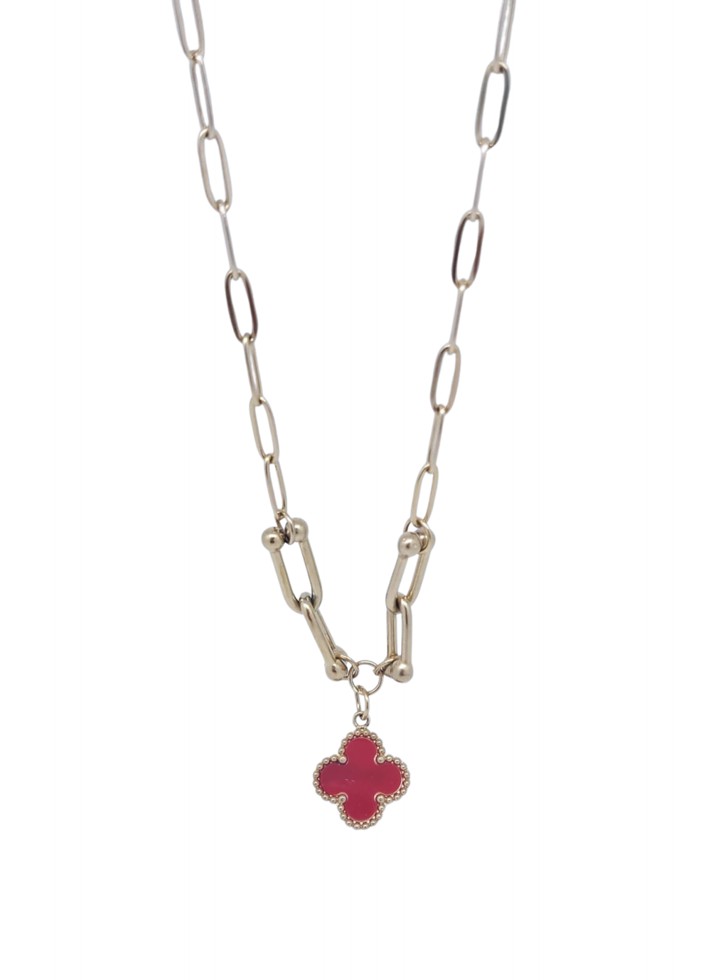 Collar Dorado Dije Trébol 4 Pétalos Rojo - Acero Inoxidable