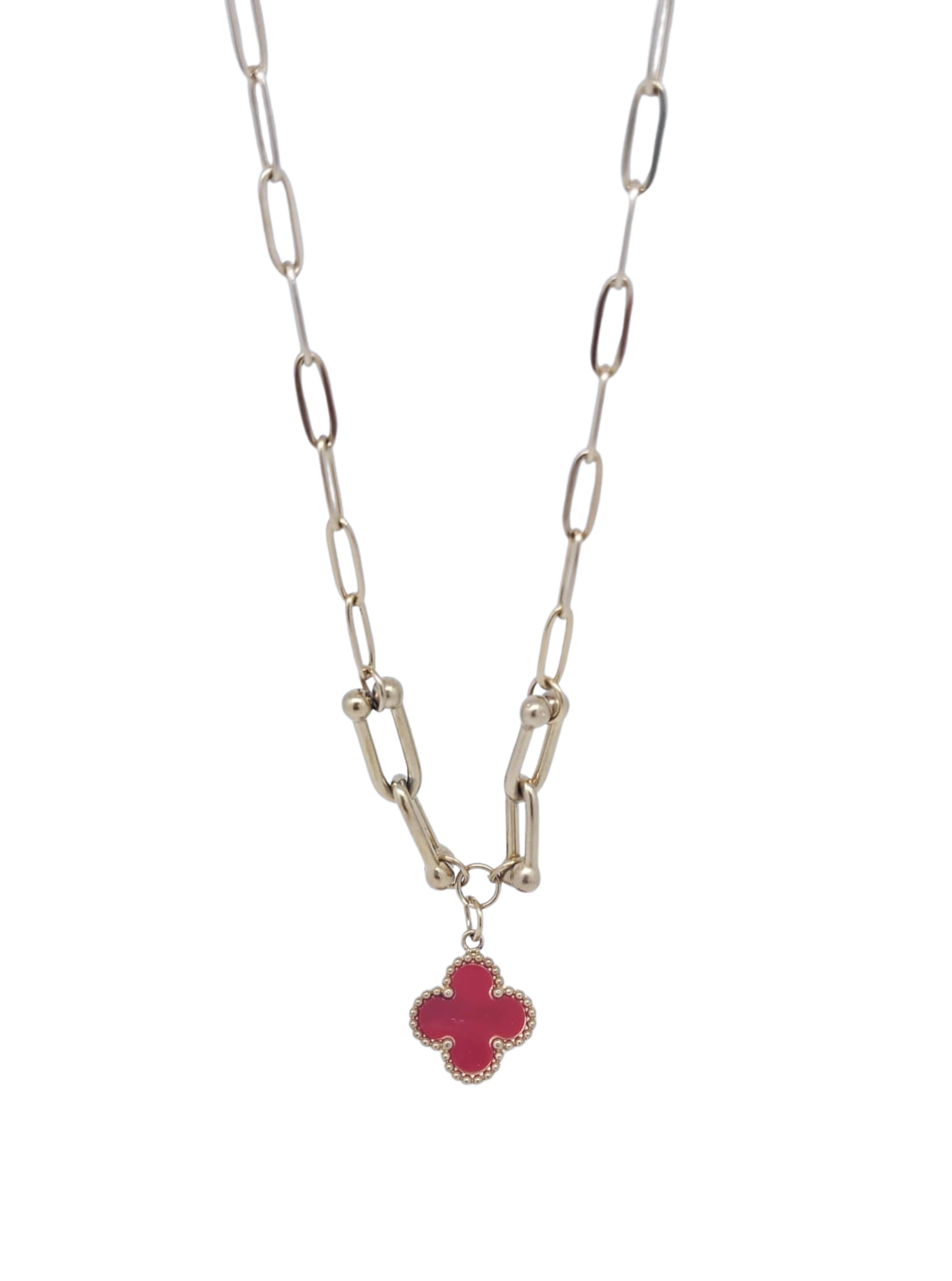 Collar Dorado Dije Trébol 4 Pétalos Rojo - Acero Inoxidable