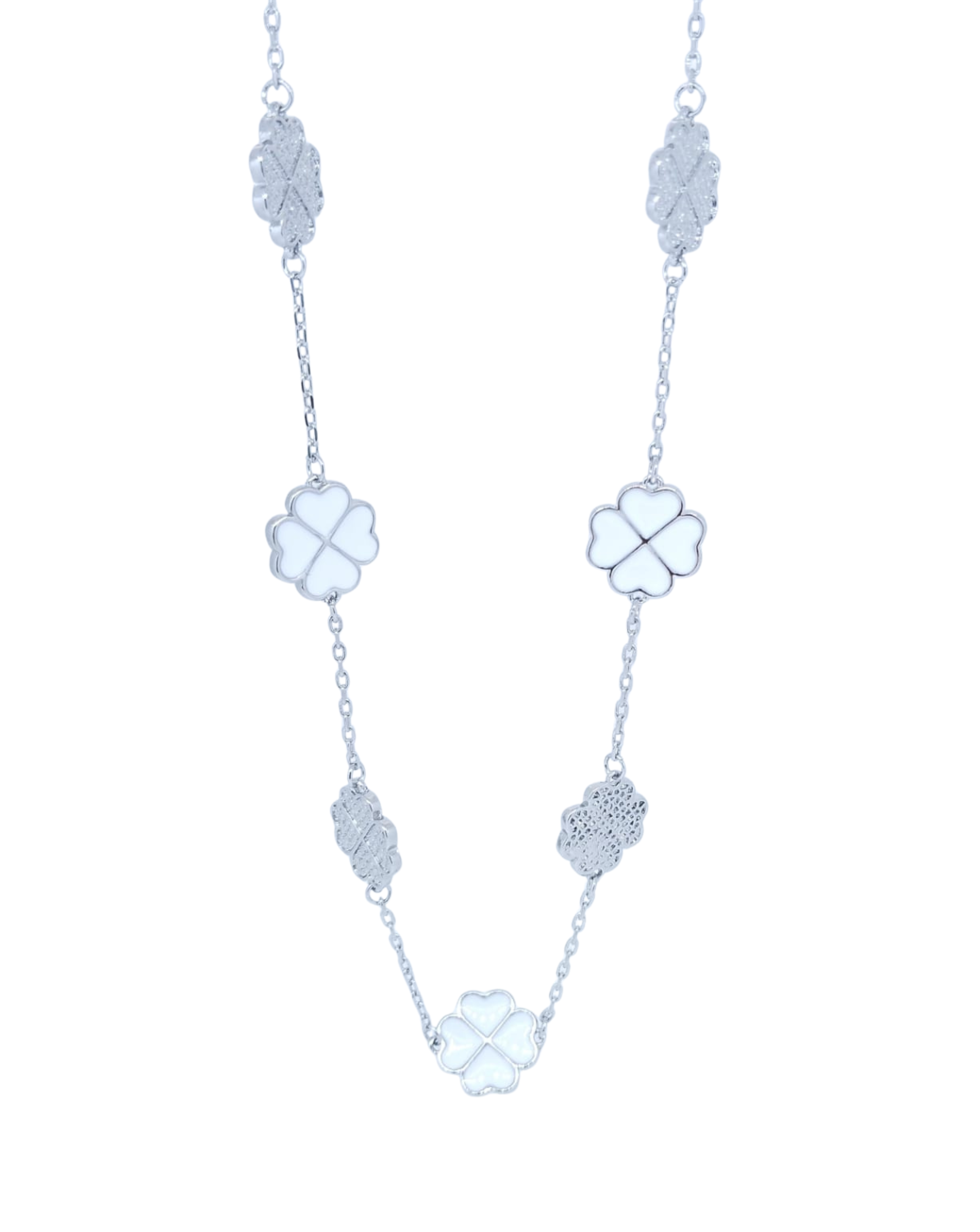 Collar Plateado Flores Plateadas y Blancas - Acero Inoxidable