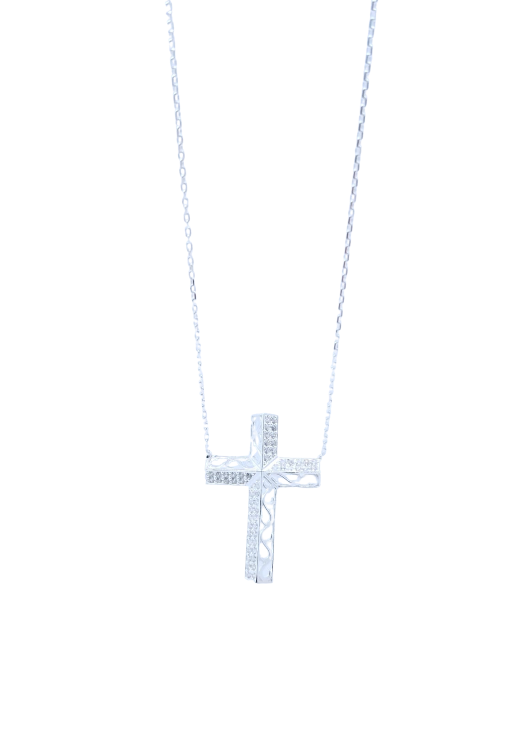 Collar Plateado Cruz con Brillos y Grecas – Plata Italiana