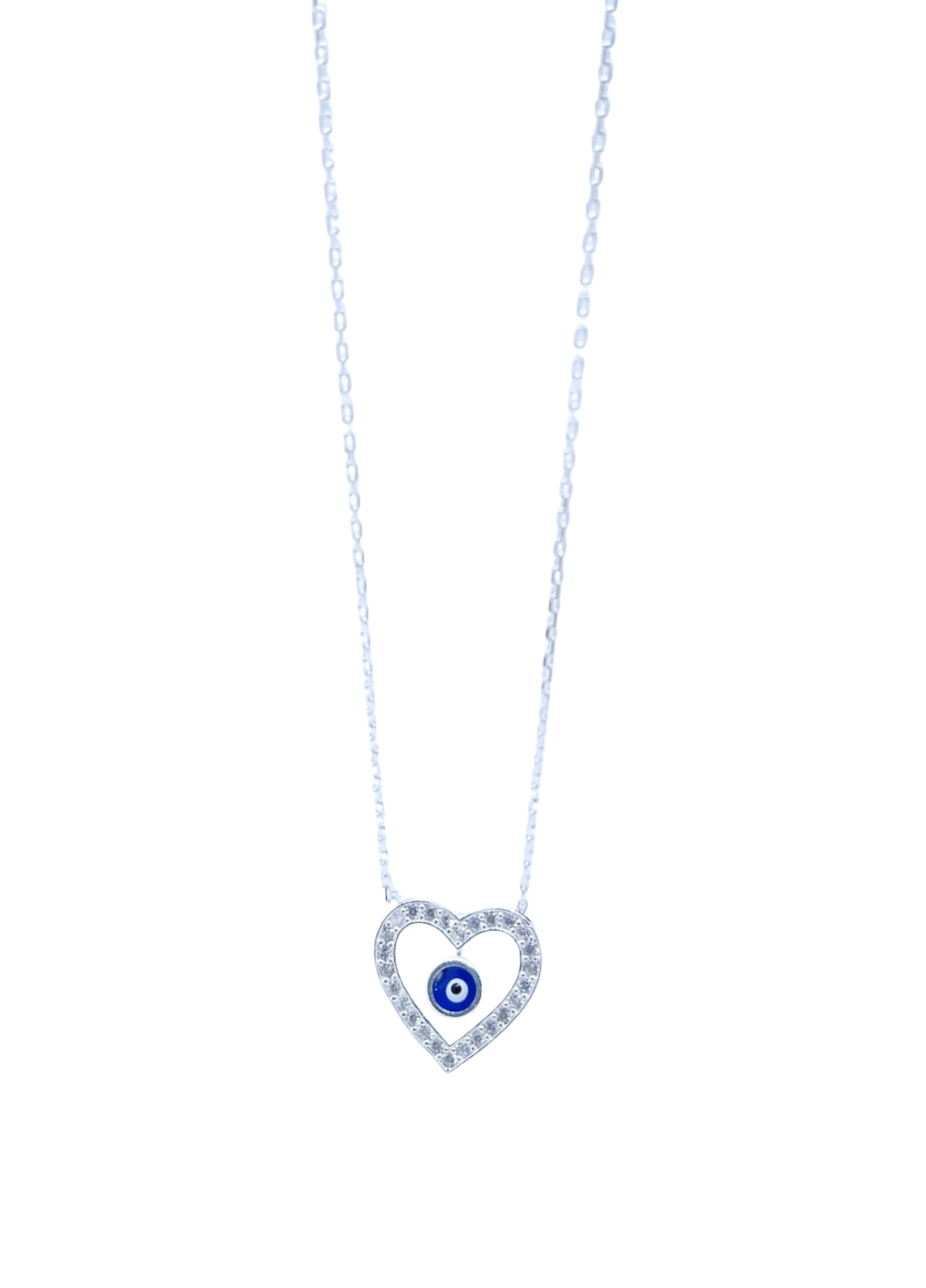 Collar Plateado Corazón con Brillos y Ojo Turco – Plata Italiana