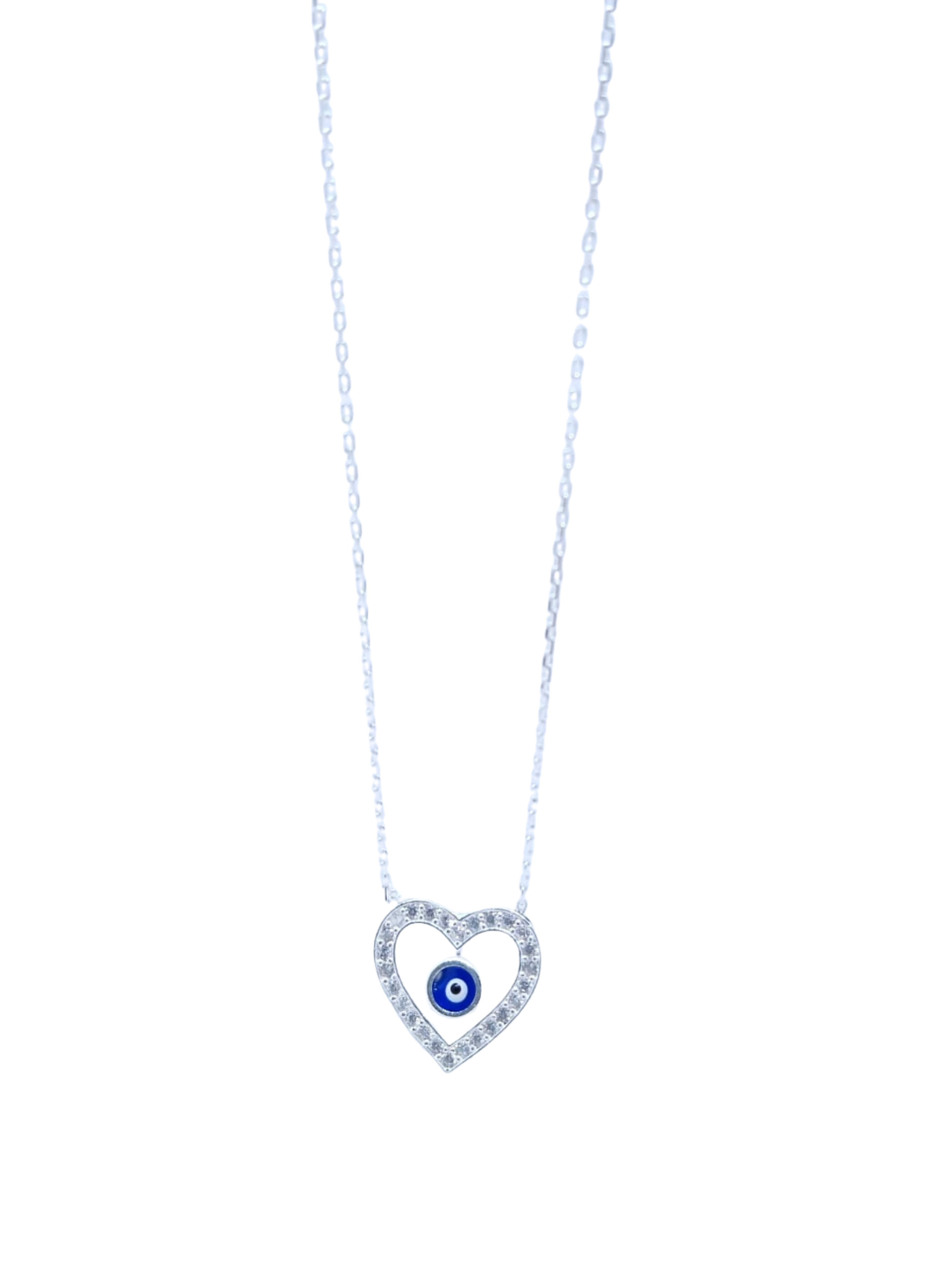 Collar Plateado Corazón con Brillos y Ojo Turco – Plata Italiana