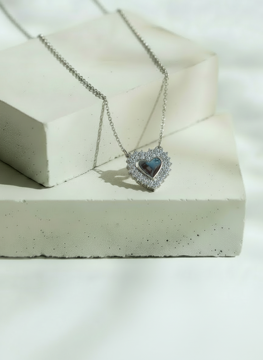 Collar Plateado Corazón Doble – Plata Italiana