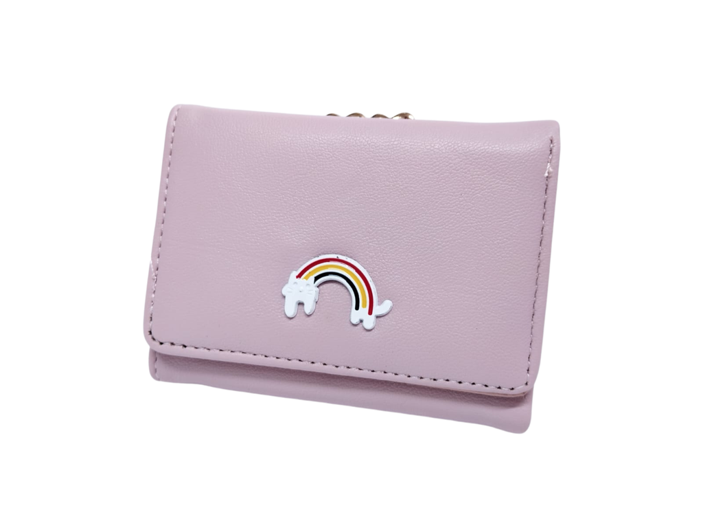 Cartera rosa con broche de arcoíris e interior rosa y corazón - Vinipiel