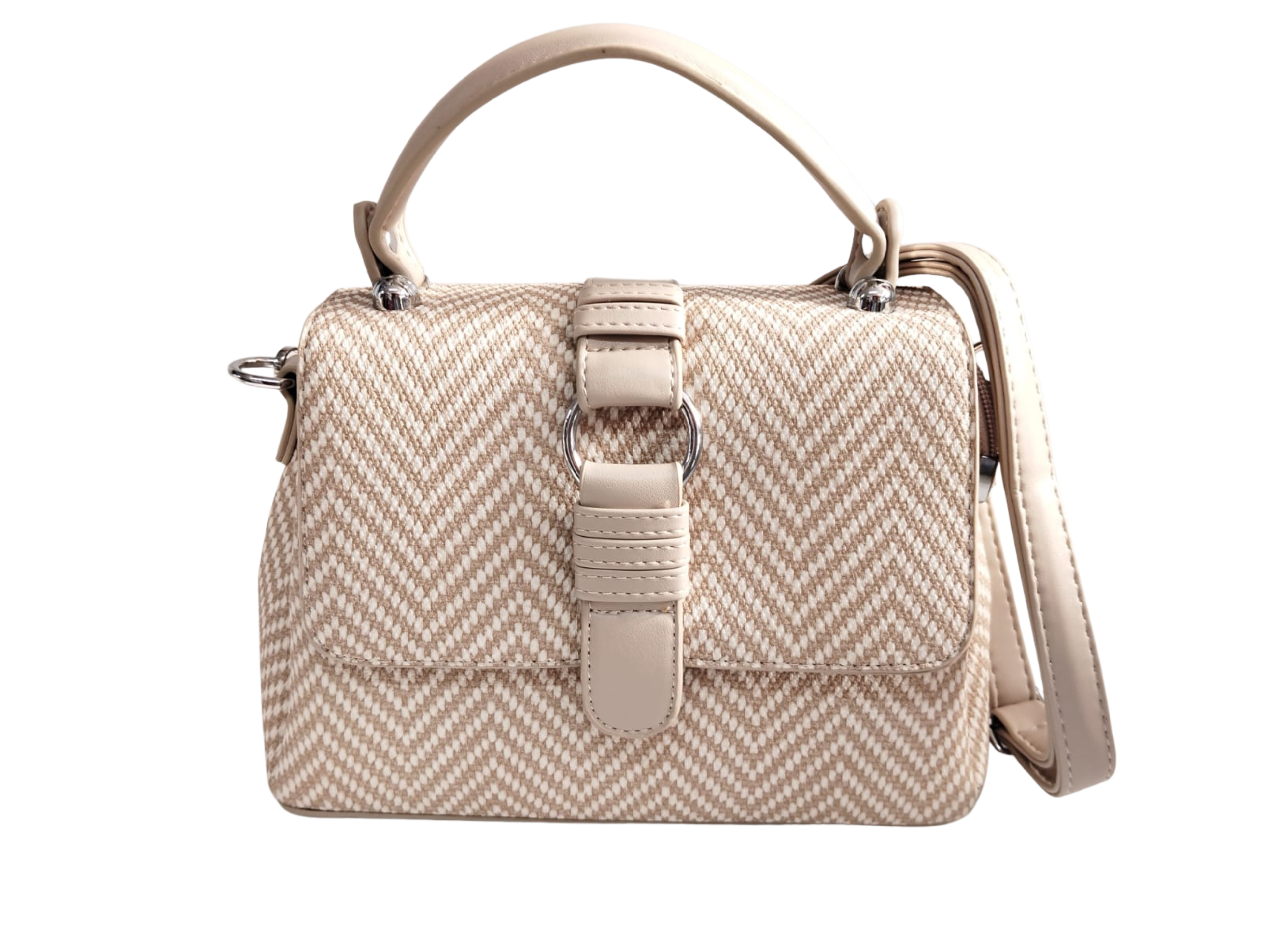 Bolsa beige patrón zigzag & broche estilo cinturón - Vinipiel