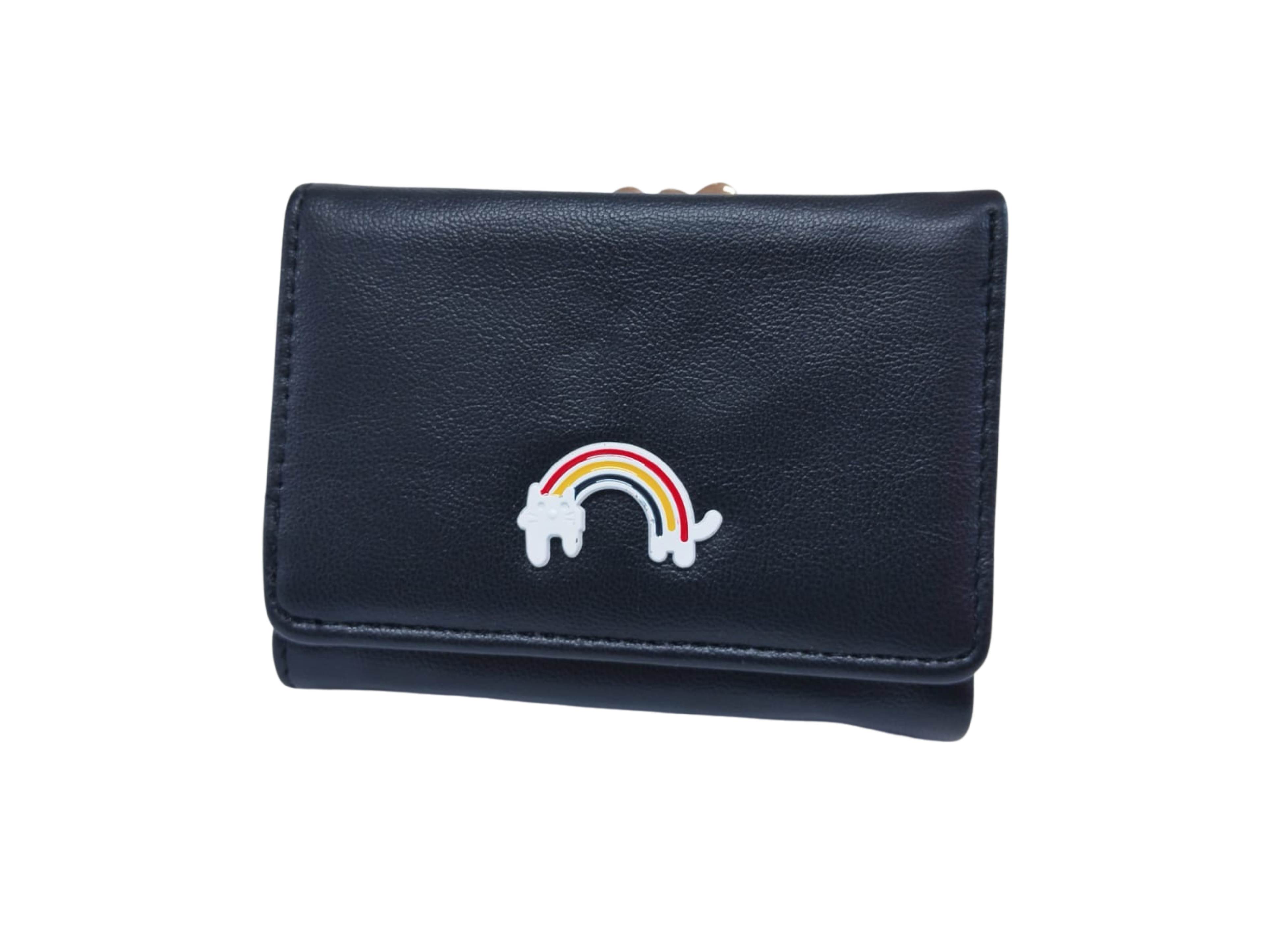 Cartera negra con broche de arcoíris e interior rosa y corazón - Vinipiel