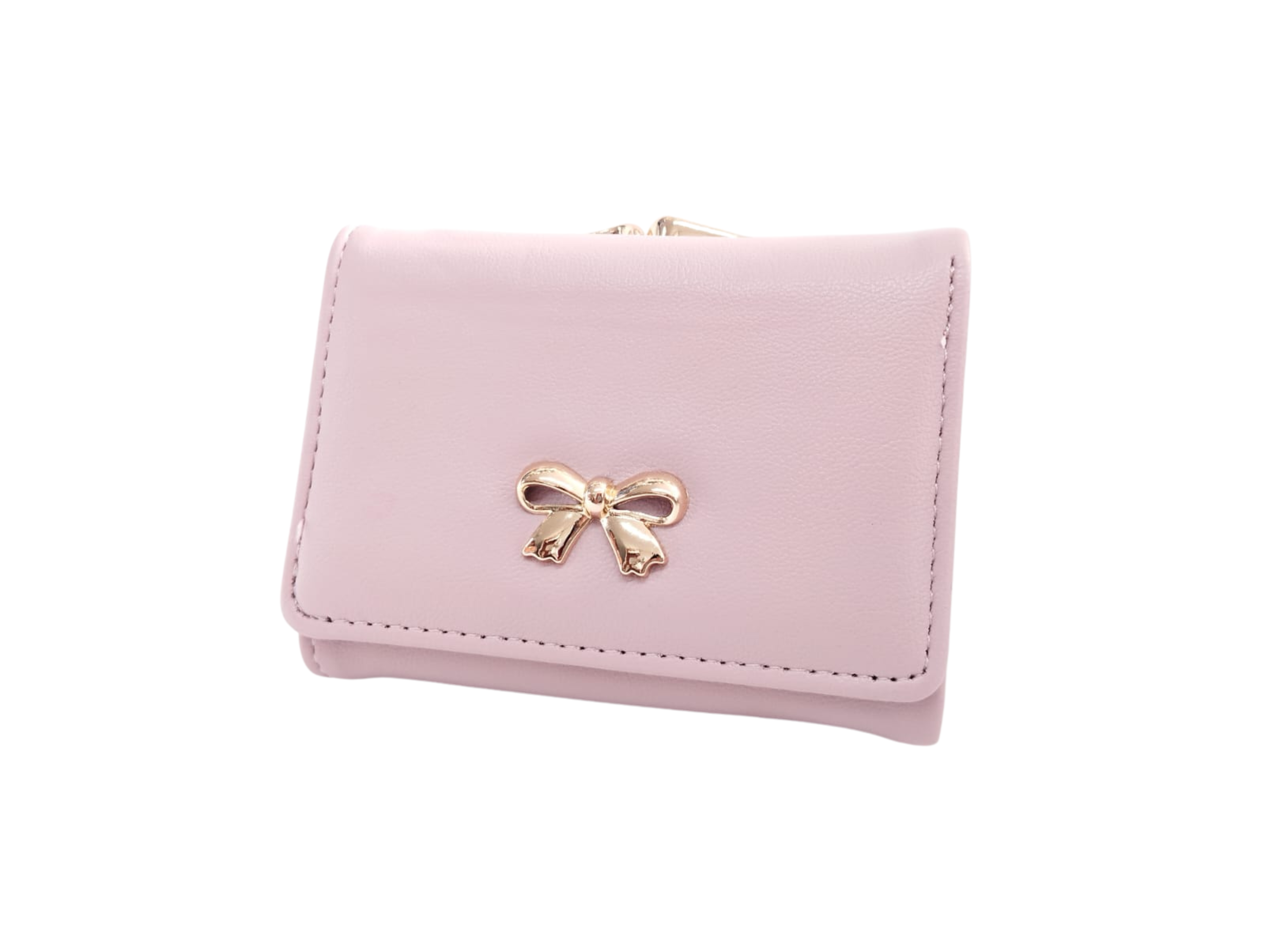 Cartera rosa con broche de moñito dorado e interior rosa y corazón - Vinipiel