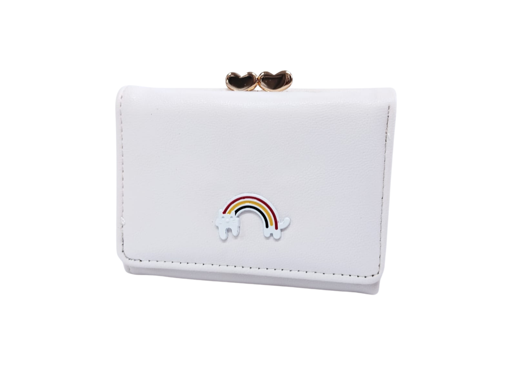 Cartera blanca con broche de arcoíris e interior rosa y corazón - Vinipiel
