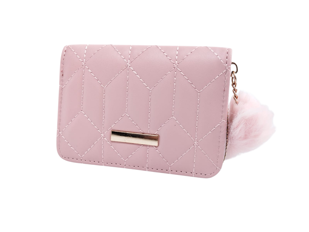 Cartera rosa con formas geométricas y colgante de peluche - Vinipiel