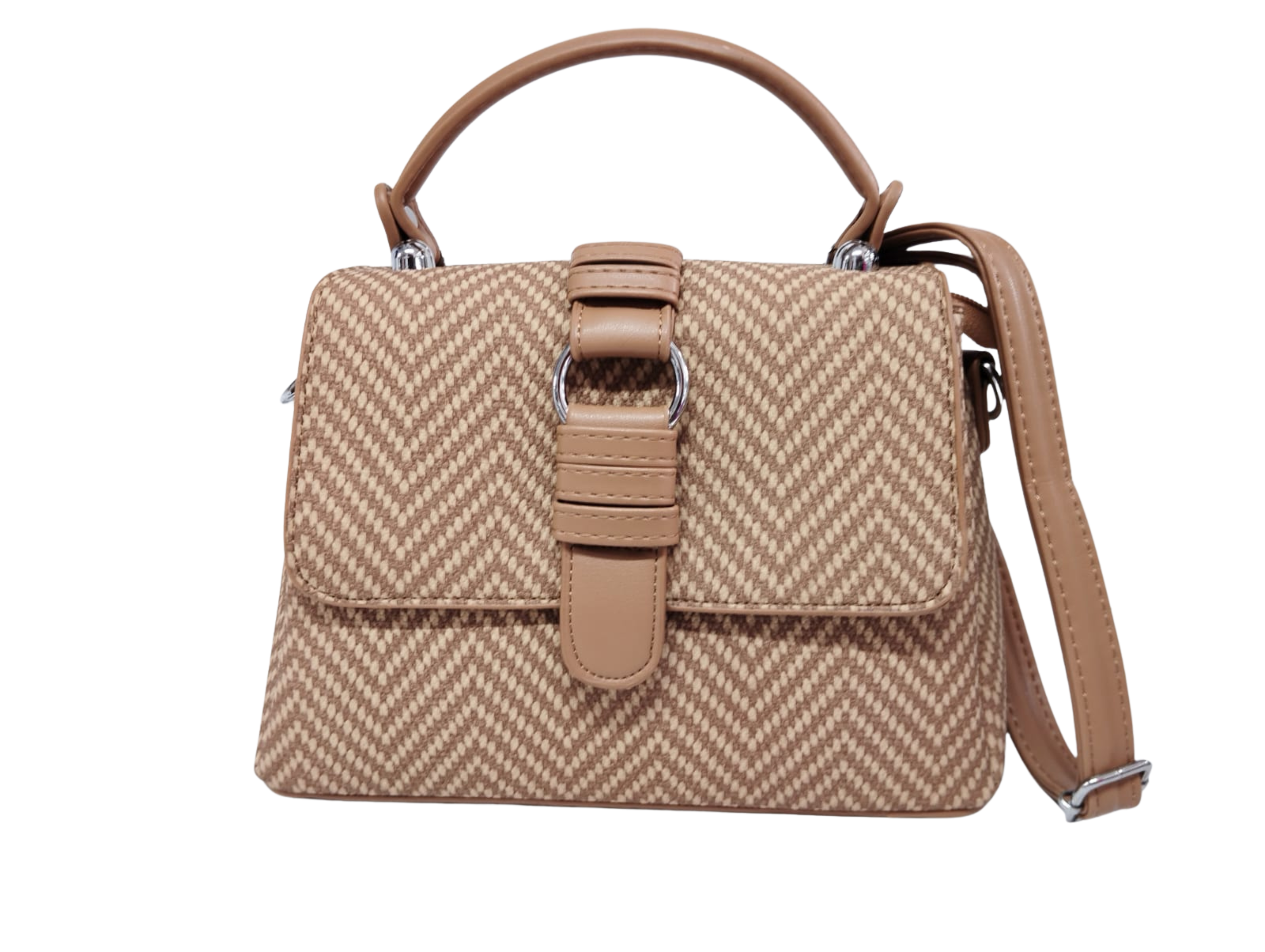 Bolsa café patrón zigzag & broche estilo cinturón - Vinipiel