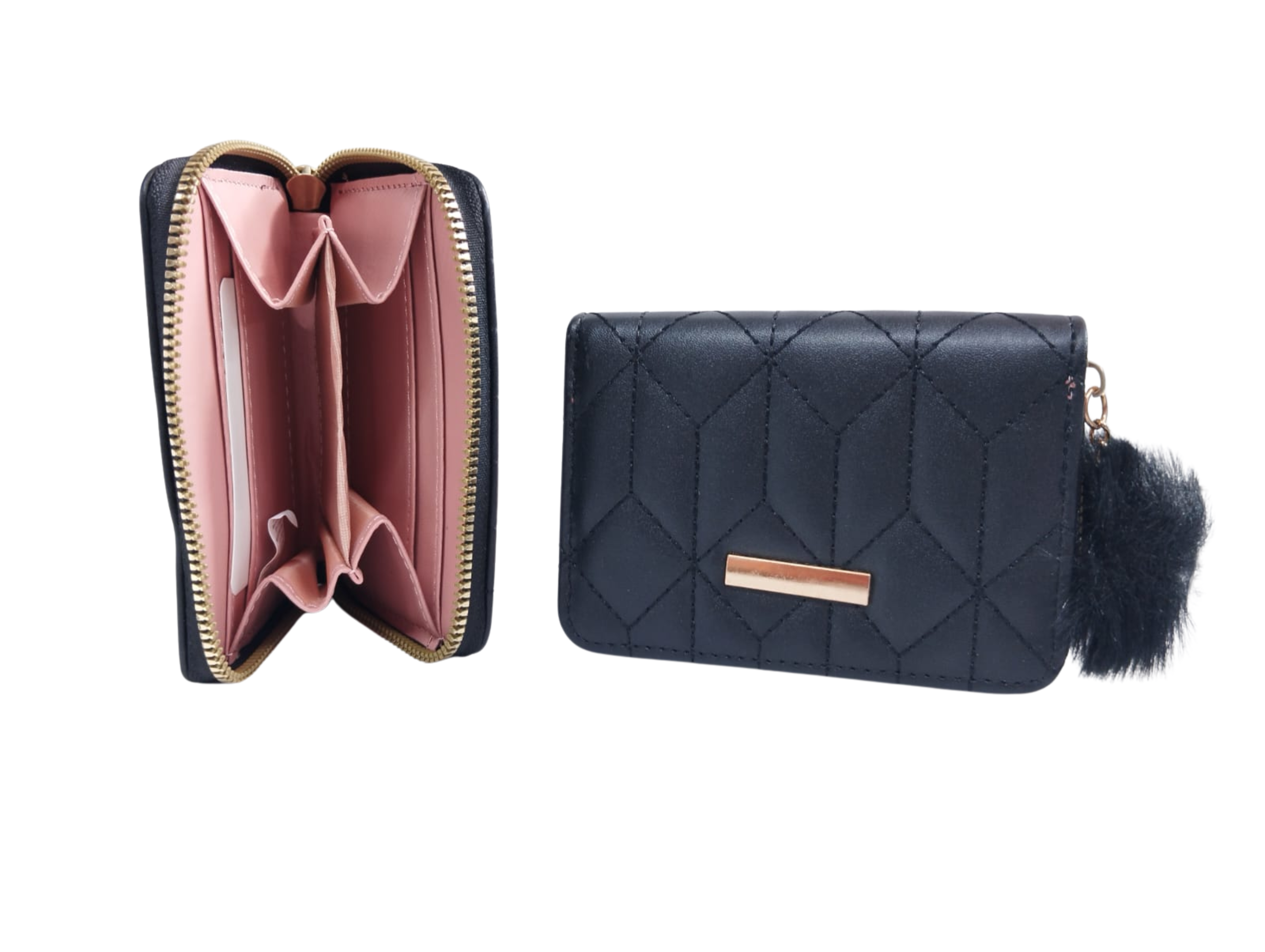 Cartera negra con formas geométricas y colgante de peluche - Vinipiel