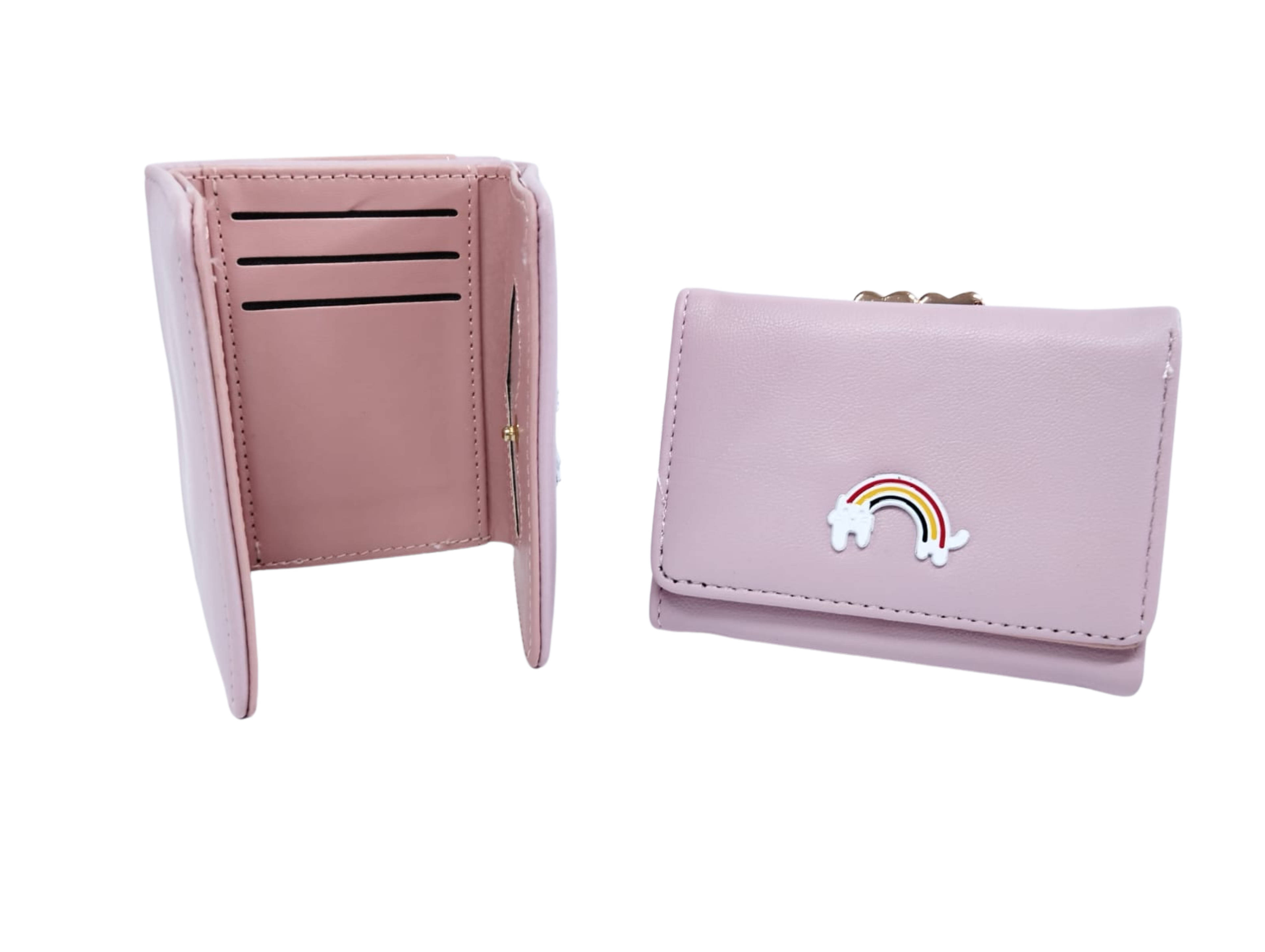 Cartera rosa con broche de arcoíris e interior rosa y corazón - Vinipiel