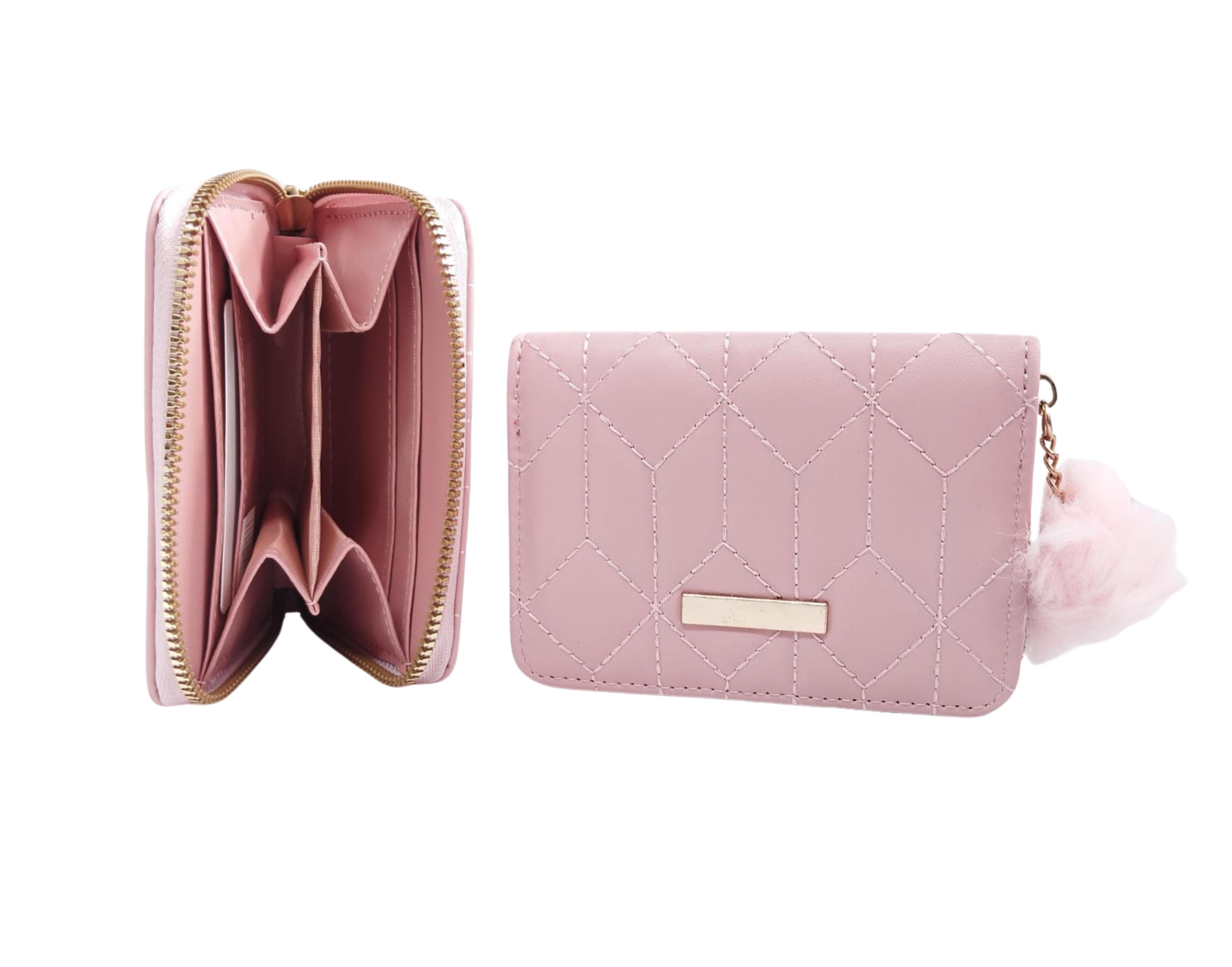Cartera rosa con formas geométricas y colgante de peluche - Vinipiel