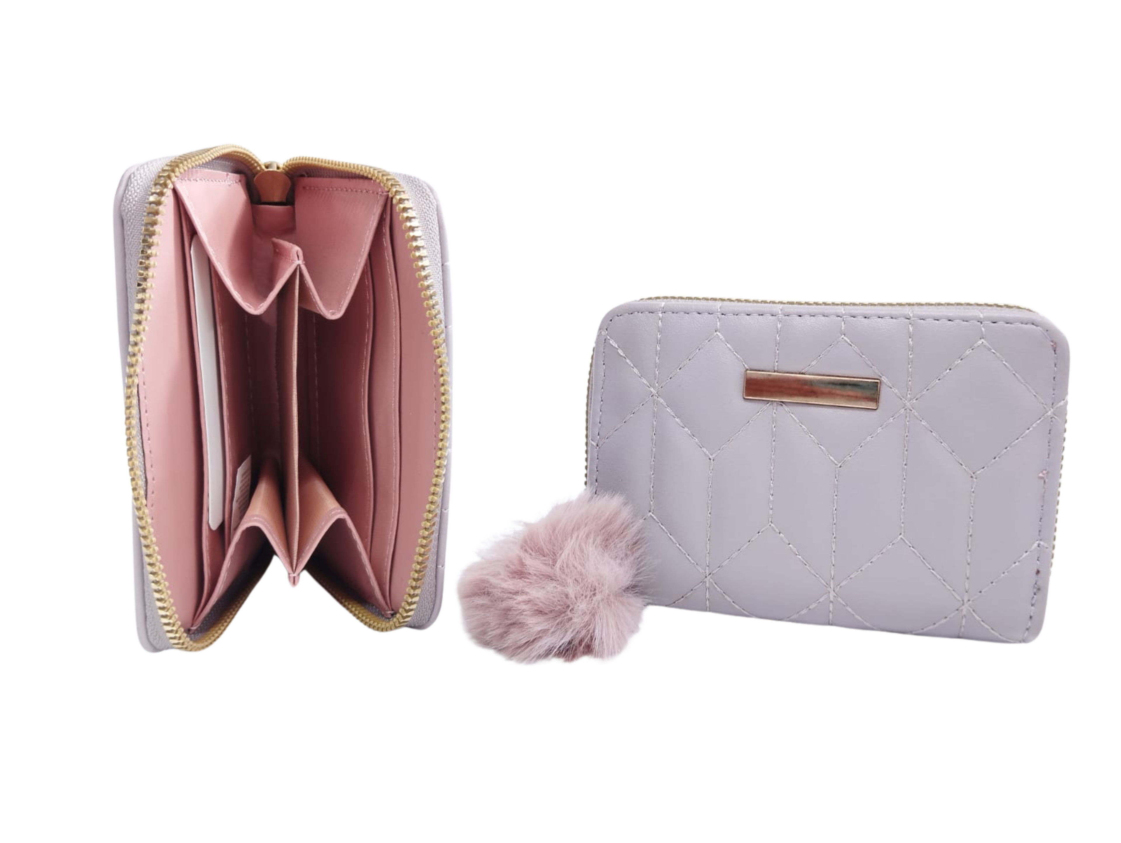 Cartera lila con formas geométricas y colgante de peluche - Vinipiel