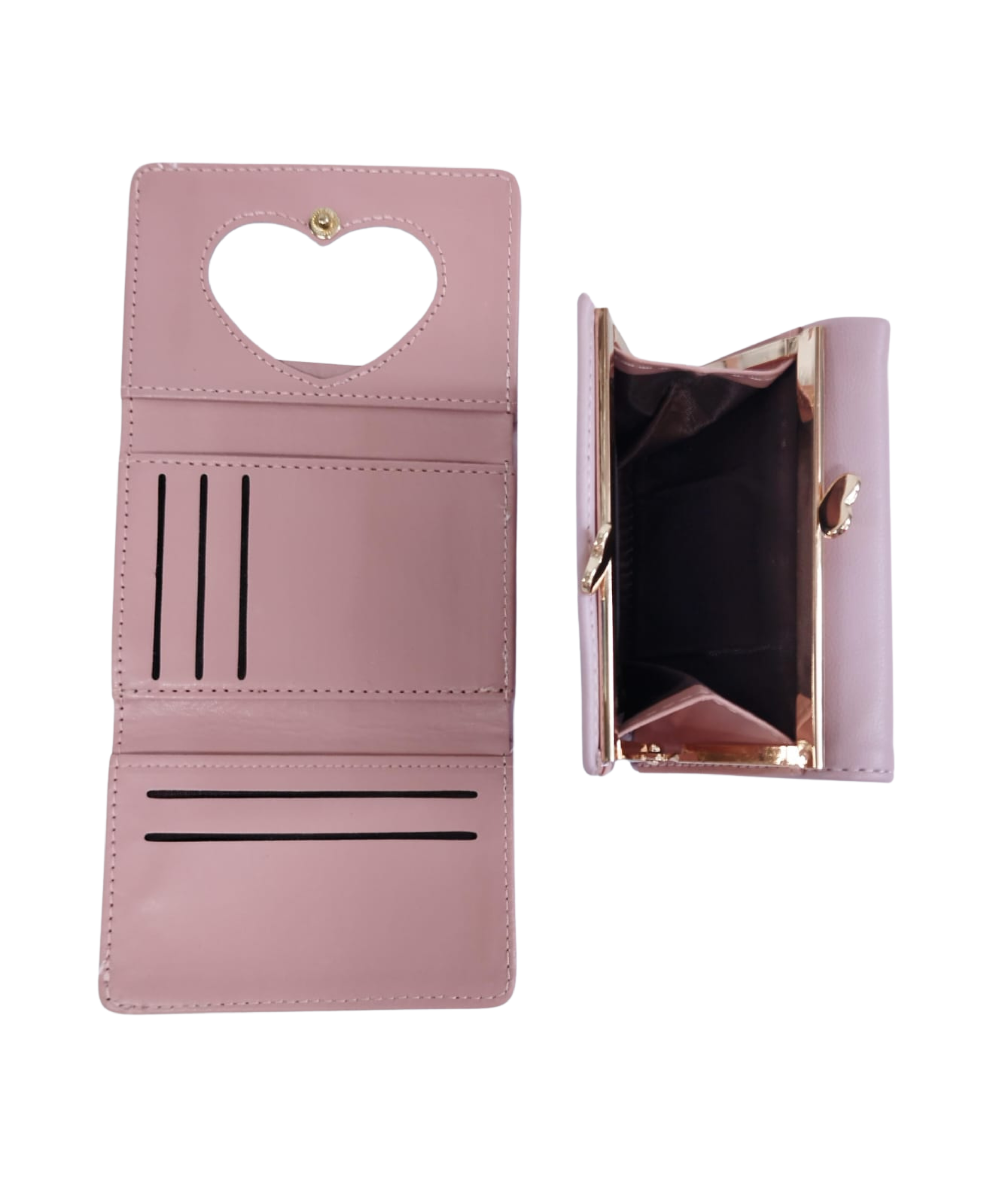 Cartera rosa con broche de arcoíris e interior rosa y corazón - Vinipiel