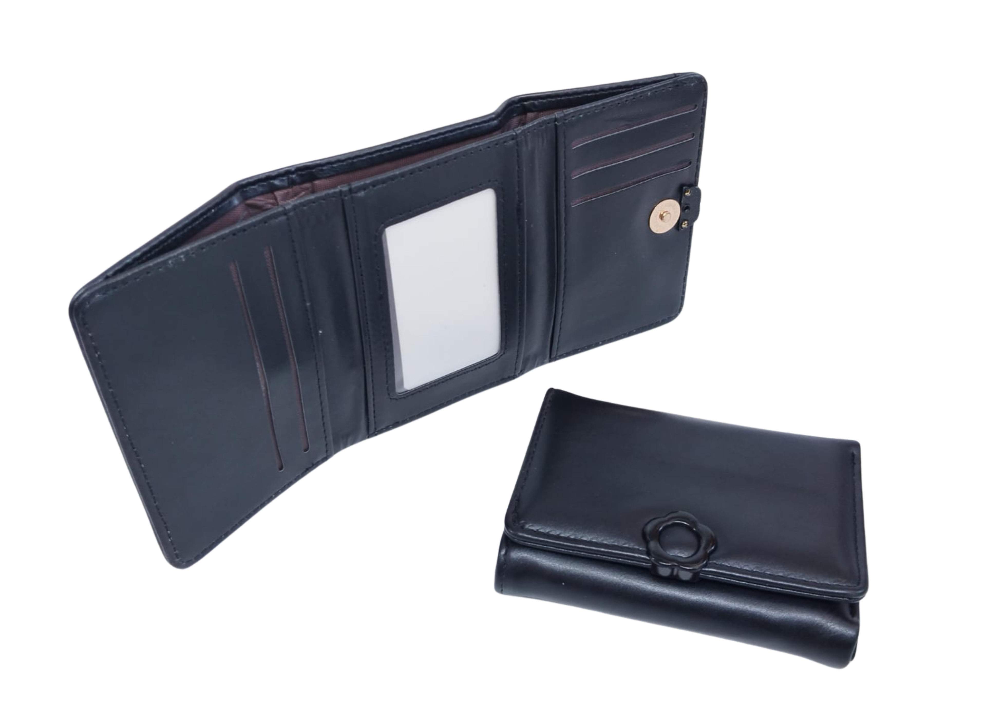 Cartera negra lisa con broche de flor - Vinipiel