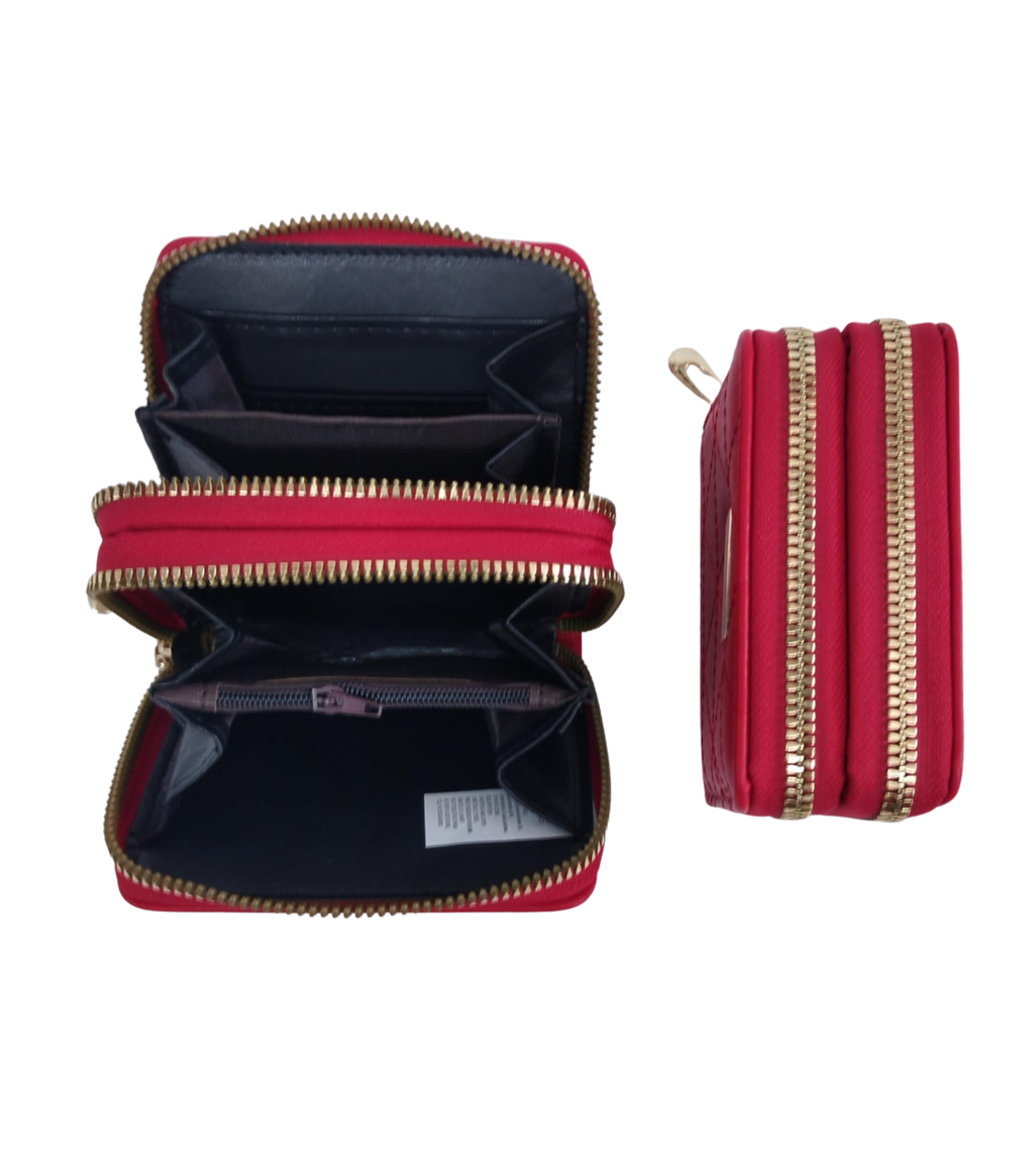 Cartera roja con rombos y placa dorada al centro superior - Vinipiel