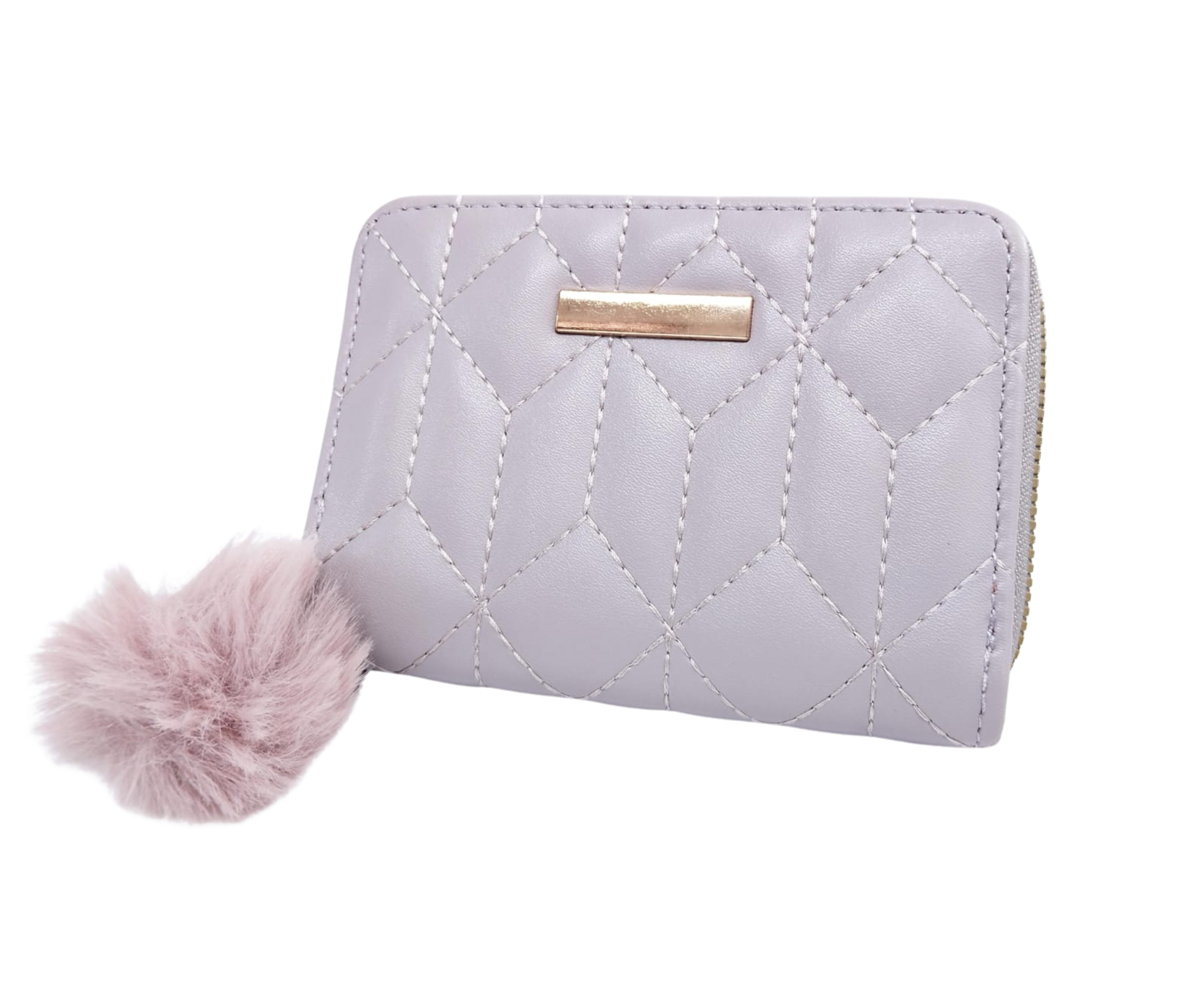 Cartera lila con formas geométricas y colgante de peluche - Vinipiel