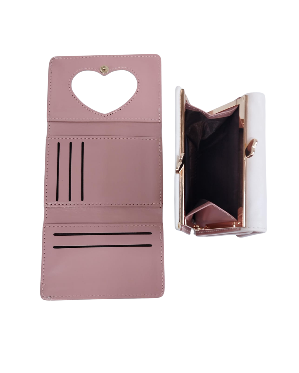 Cartera blanca con broche de arcoíris e interior rosa y corazón - Vinipiel