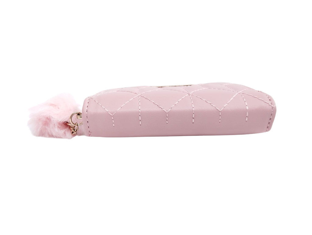 Cartera rosa con formas geométricas y colgante de peluche - Vinipiel
