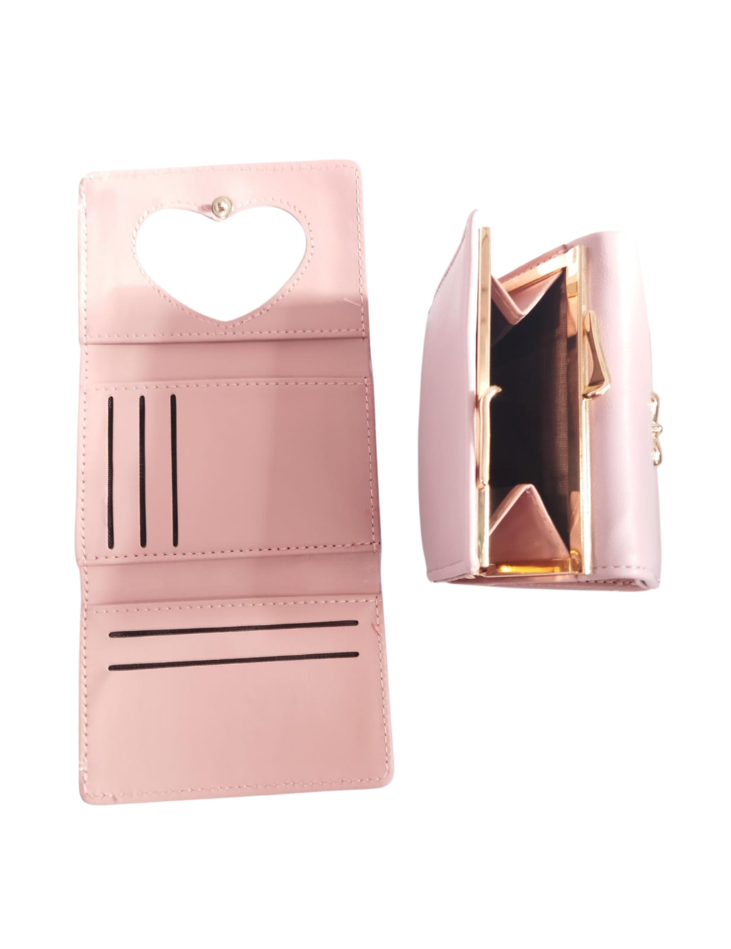 Cartera rosa con broche de moñito dorado e interior rosa y corazón - Vinipiel
