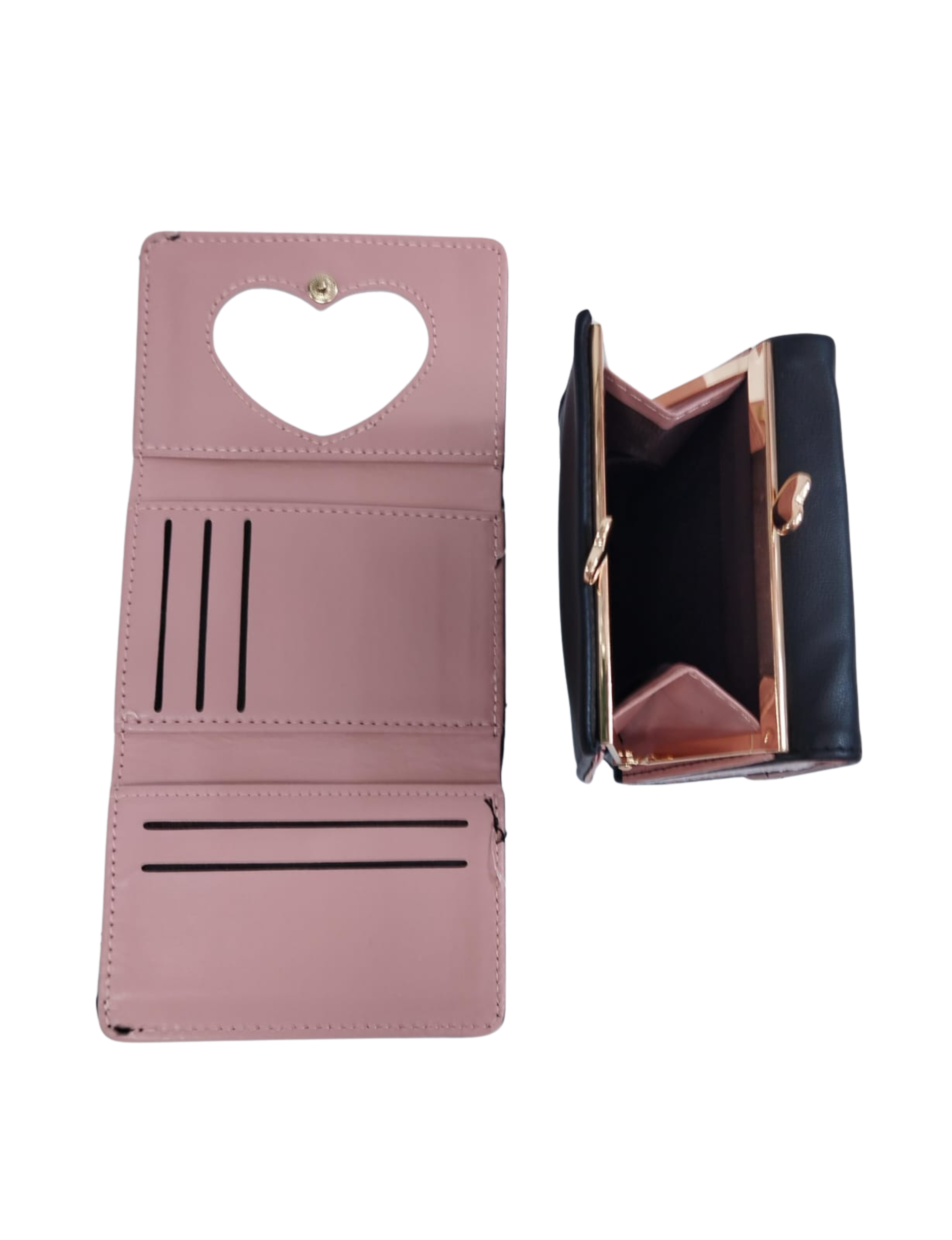Cartera negra con broche de arcoíris e interior rosa y corazón - Vinipiel