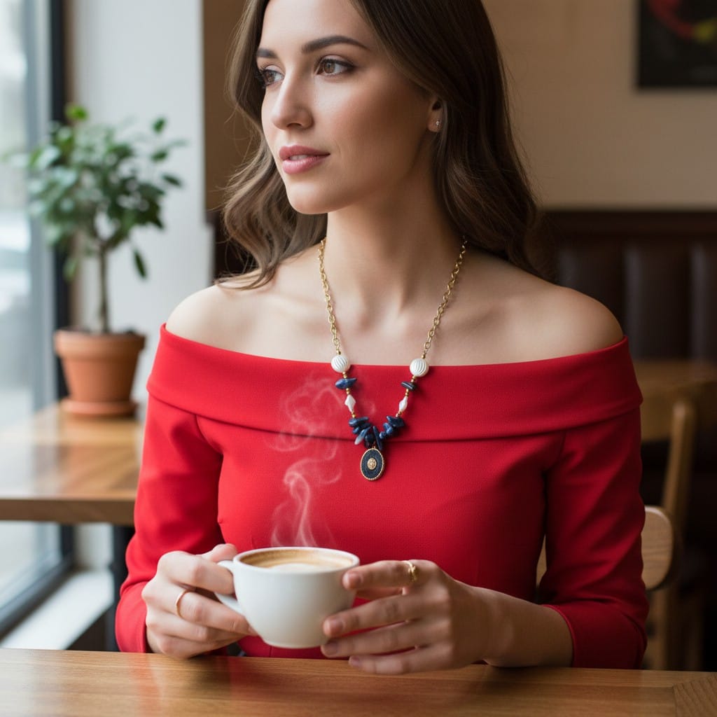Collar Dorado Piedras Azules con Dije Ovalado Azul Marino - Acero Inoxidable