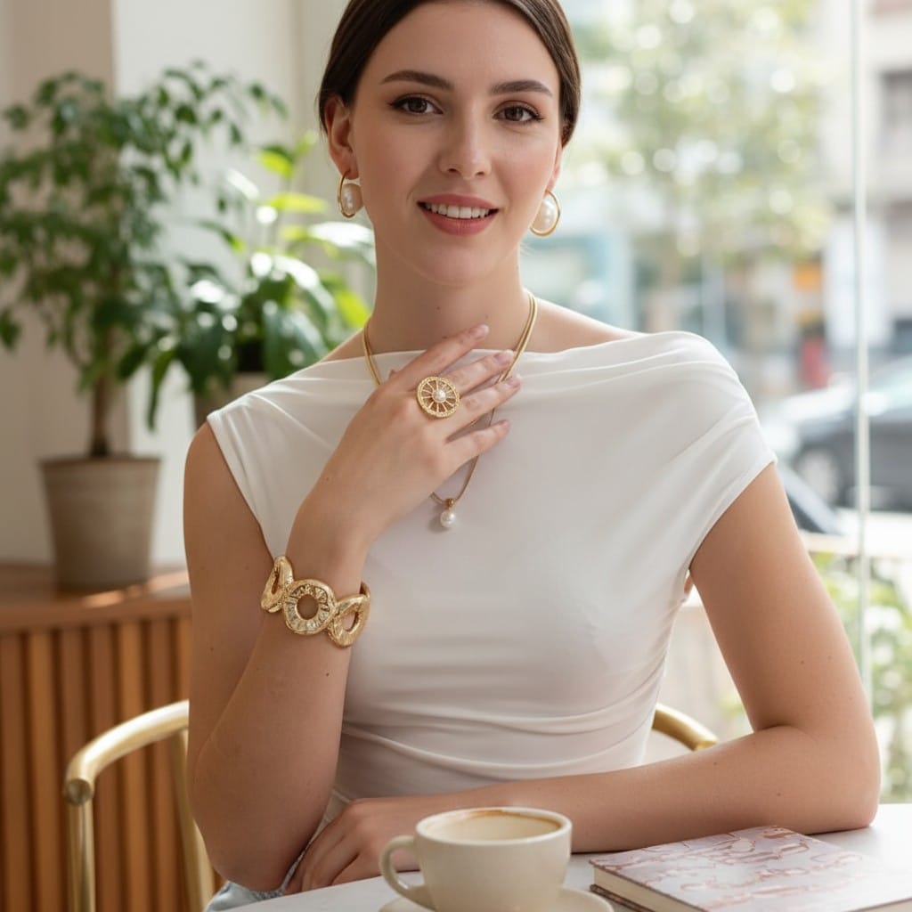 Anillo Circular Marco Dorado y Tipo Perla al Centro - Acero Inoxidable