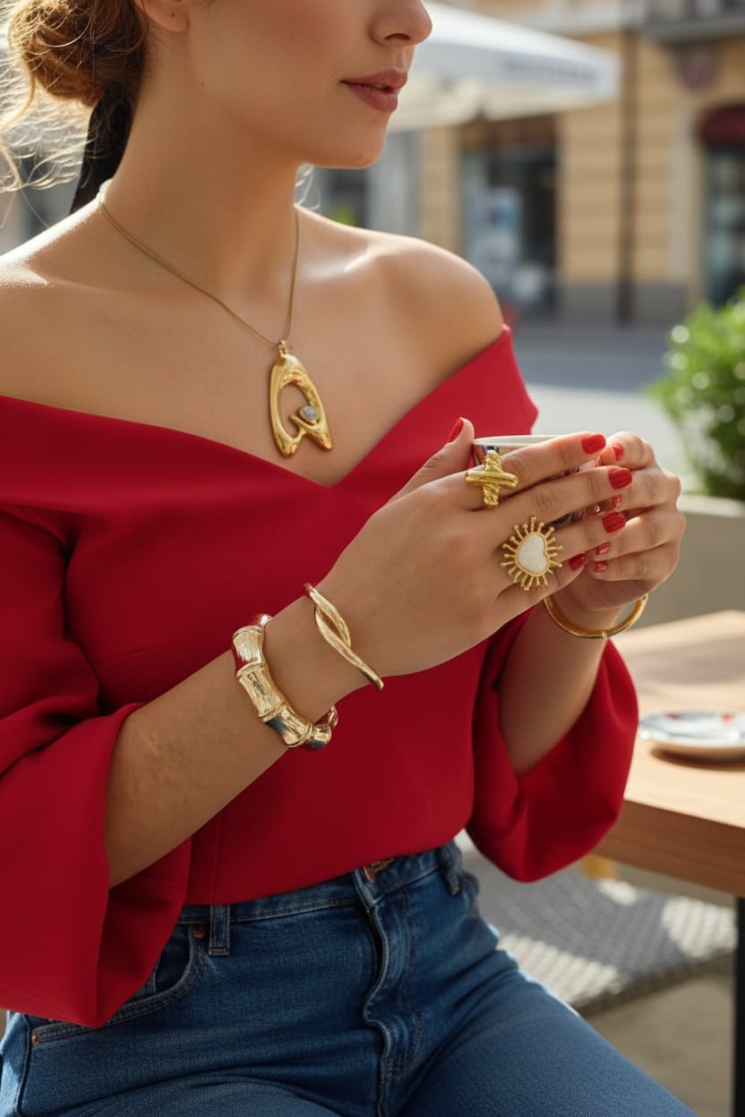 Anillo Dorado X con Líneas - Acero Inoxidable