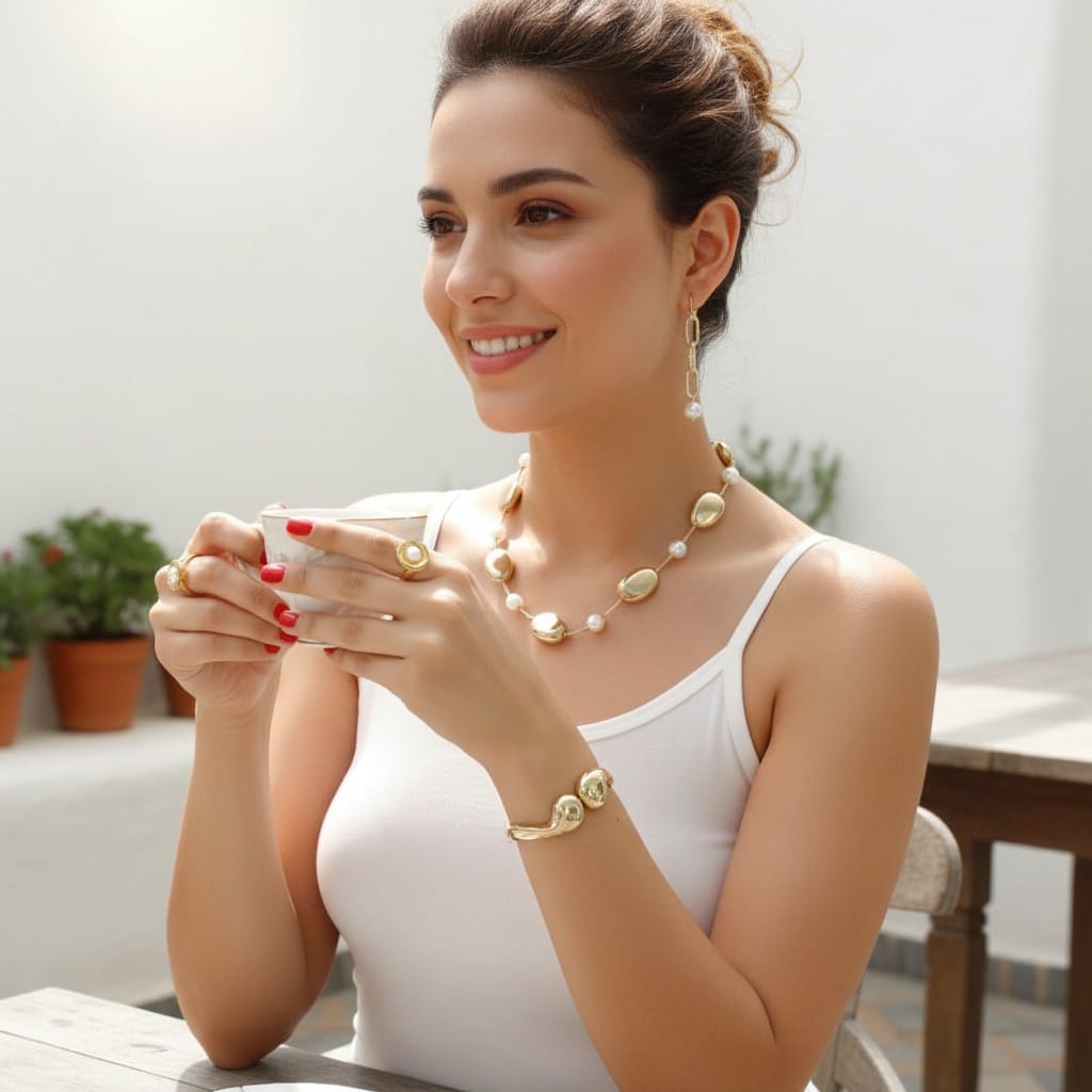 Anillo Dorado Circular con Tipo Perla al Centro - Acero Inoxidable