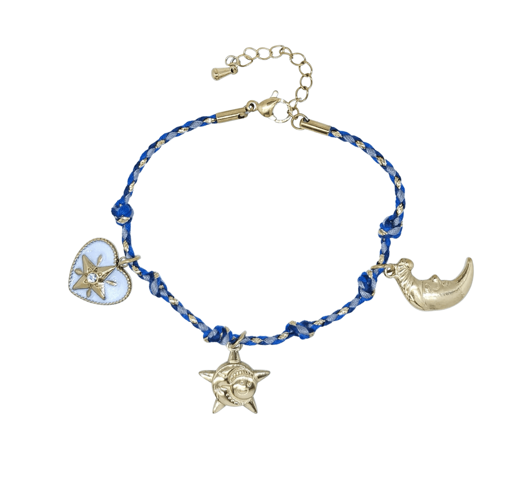 Pulsera Tejida en Tonos Azules con Dijes Dorados de Luna Sol y Corazón - Acero Inoxidable
