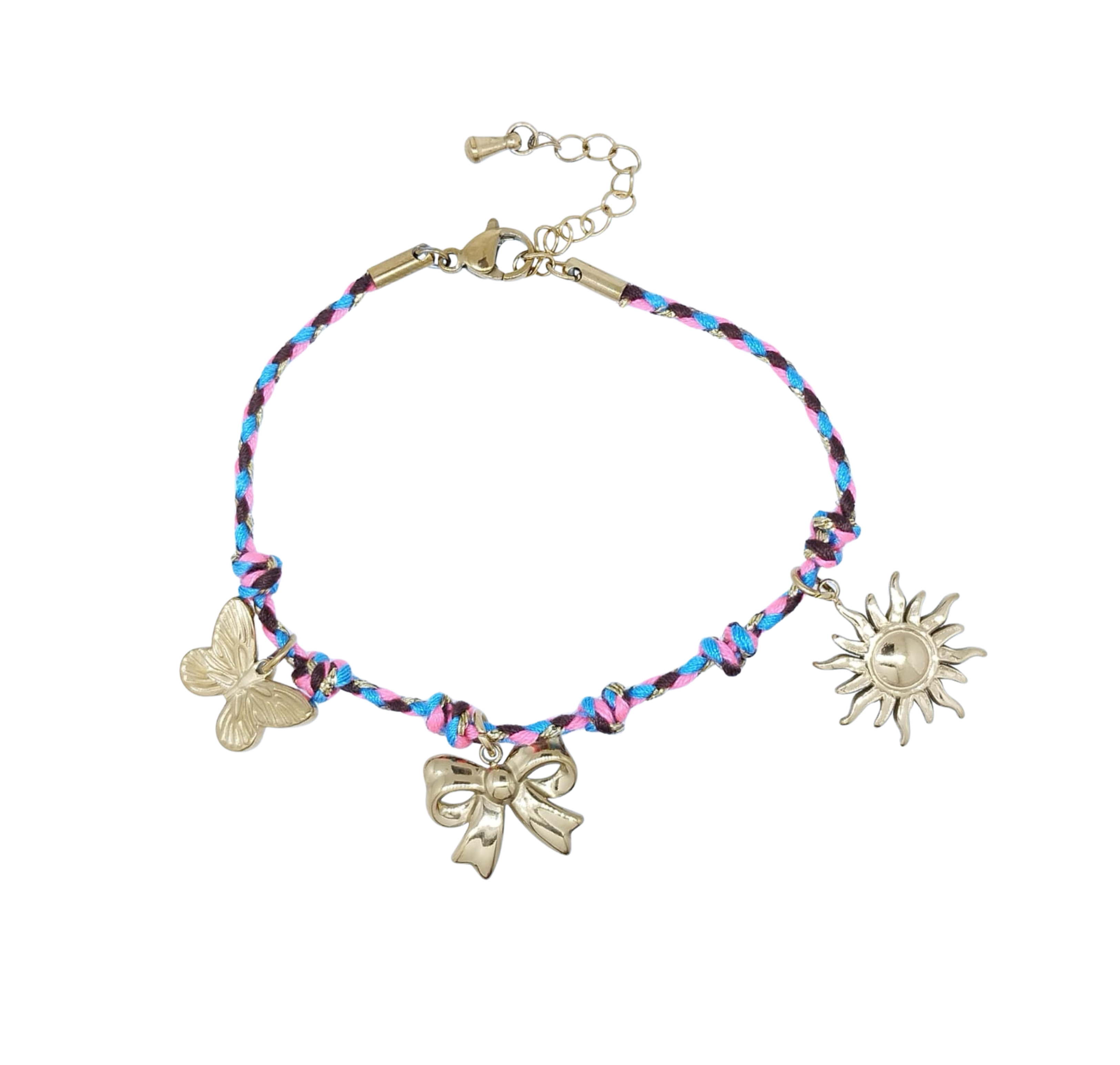 Pulsera Tejida Multicolor con Dijes Dorados de Moño Sol y Mariposa - Acero Inoxidable