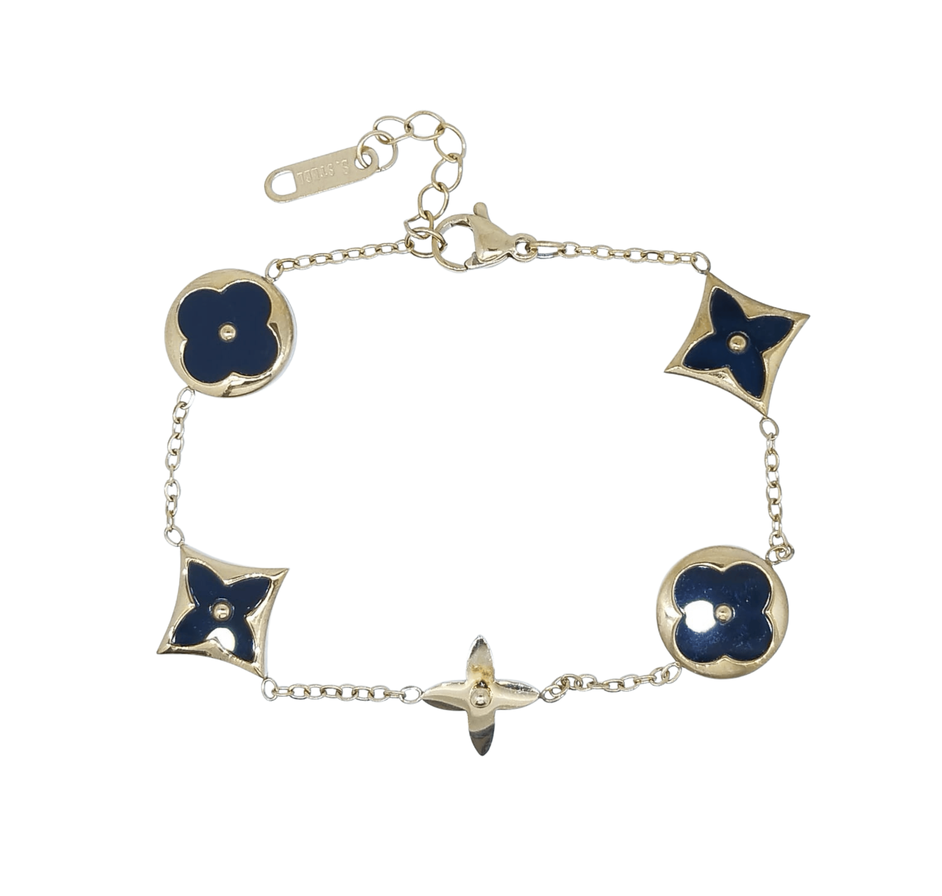 Pulsera de Cadena con Dijes de Flor Dorada de Cuatro Pétalos con Detalle Negro - Acero Inoxidable