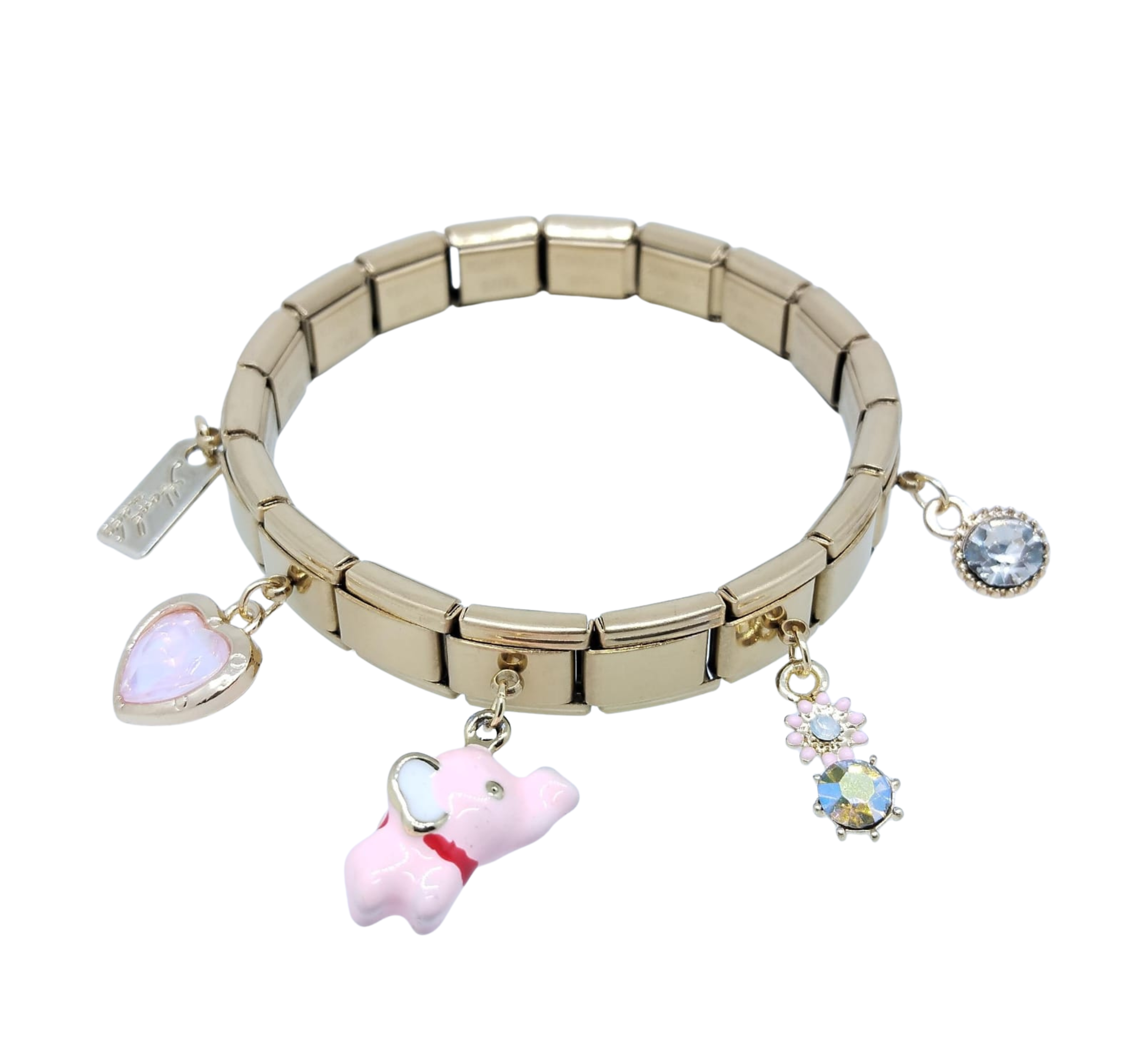 Pulsera Italiana Dorada con 5 Dijes Elefante, Brillo, Flor, Corazón y Placa – Acero Inoxidable