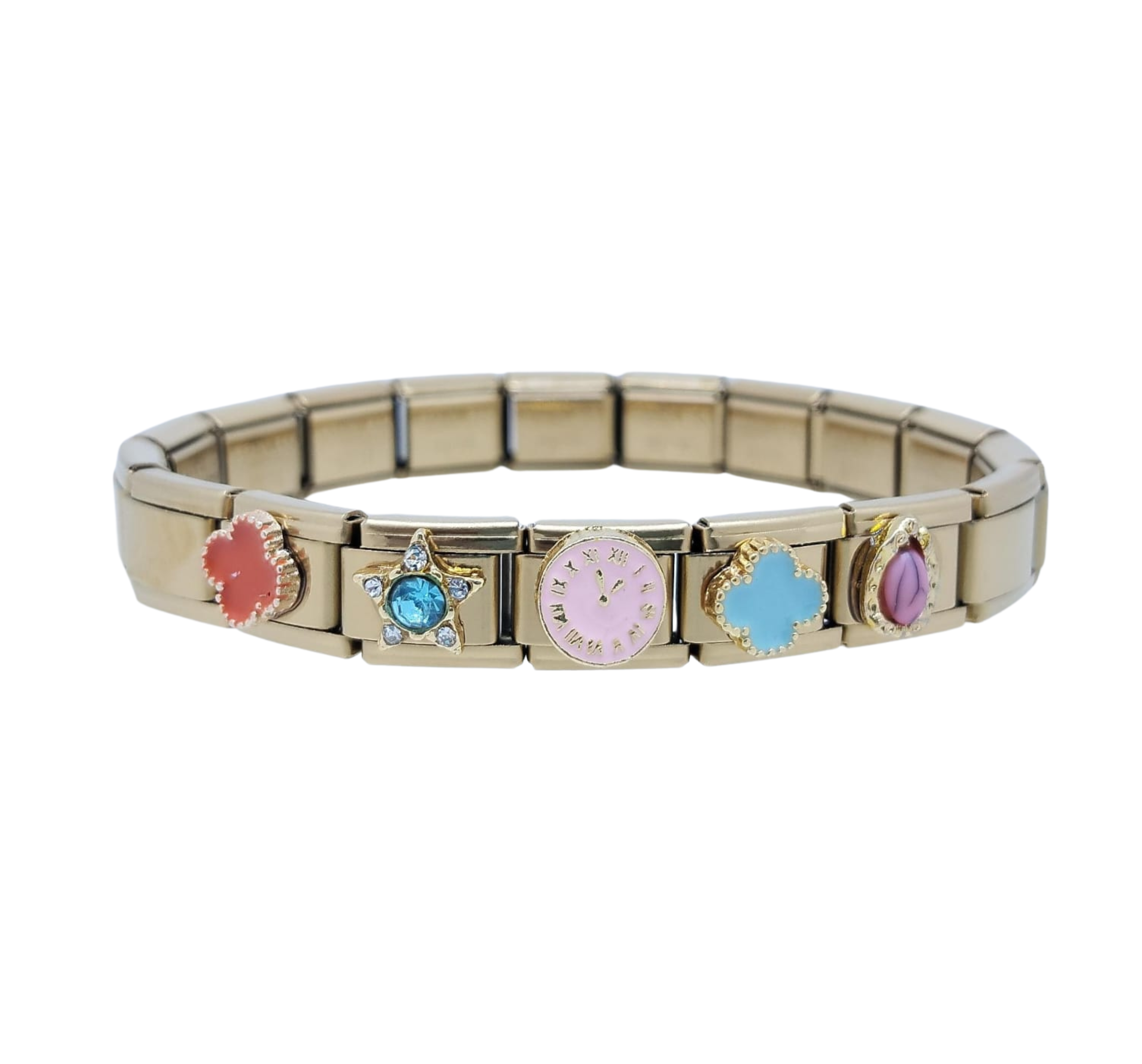 Pulsera Italiana Dorada con 5 Dijes Flor Roja y Azul, Estrella, Óvalo Morado y Reloj – Acero Inoxidable