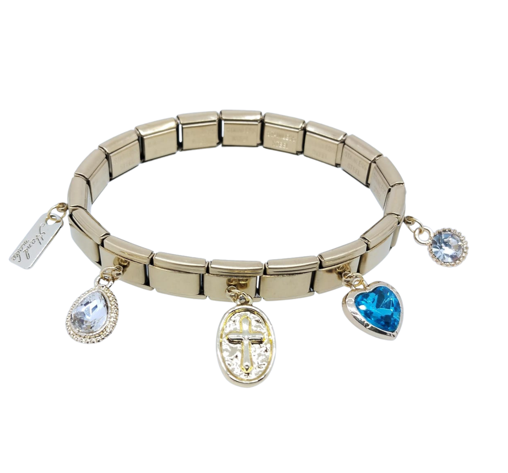 Pulsera Italiana Dorada con 5 Dijes Brillo Gota, Placa, Cruz, Corazón Azul y Brillo Circular – Acero Inoxidable