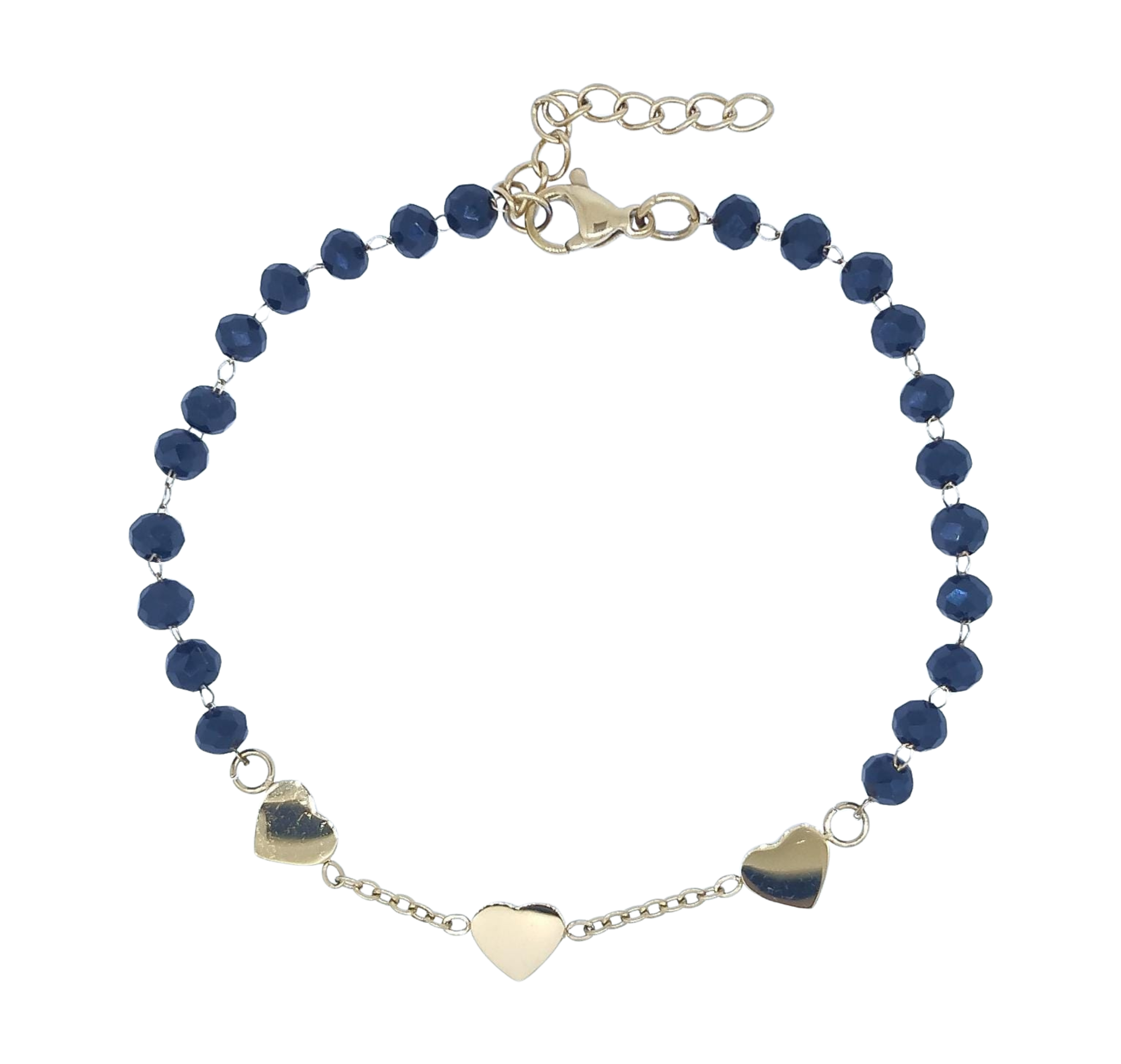 Pulsera Dorada 3 Corazones Lisos y Piedritas Negras - Acero Inoxidable